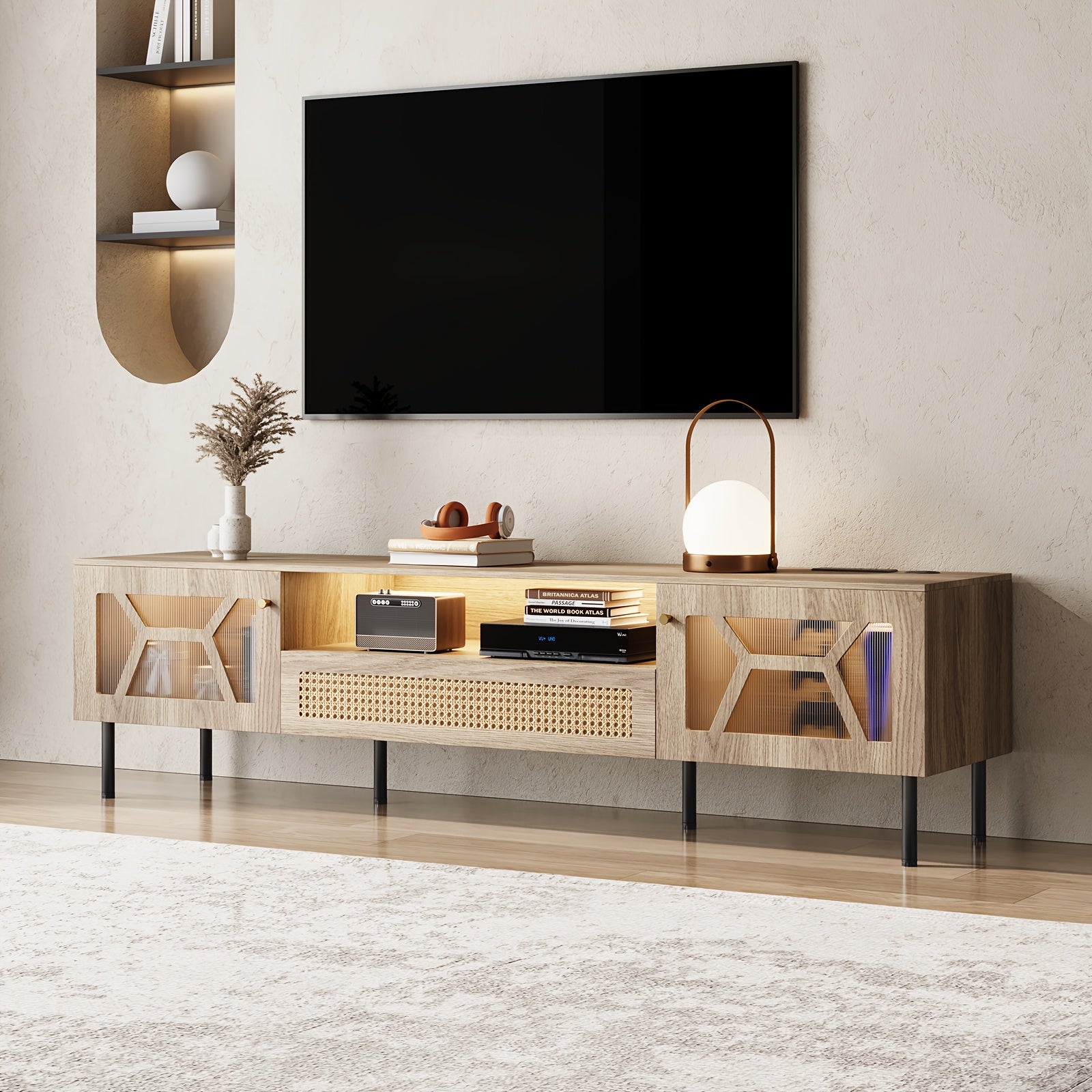 190cm TV Stand, Entertainment Center TV Stand, Acrylic Hollow Doors TV Stand For Living Room Bedroom, Walnut/Oak Color