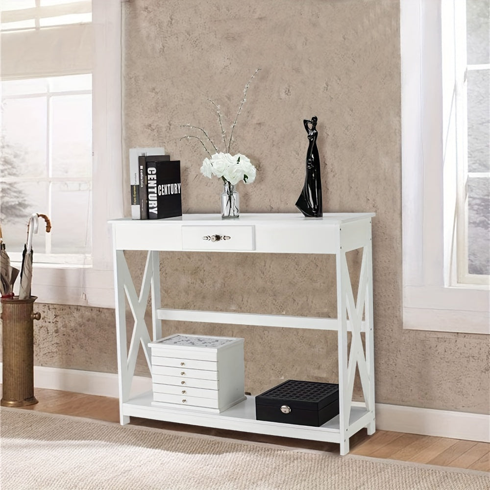 White Entryway Table Sofa Table with Drawer and Shelf Slim Console Table with Storage for Hallway, Living Room, Foyer (in cm)