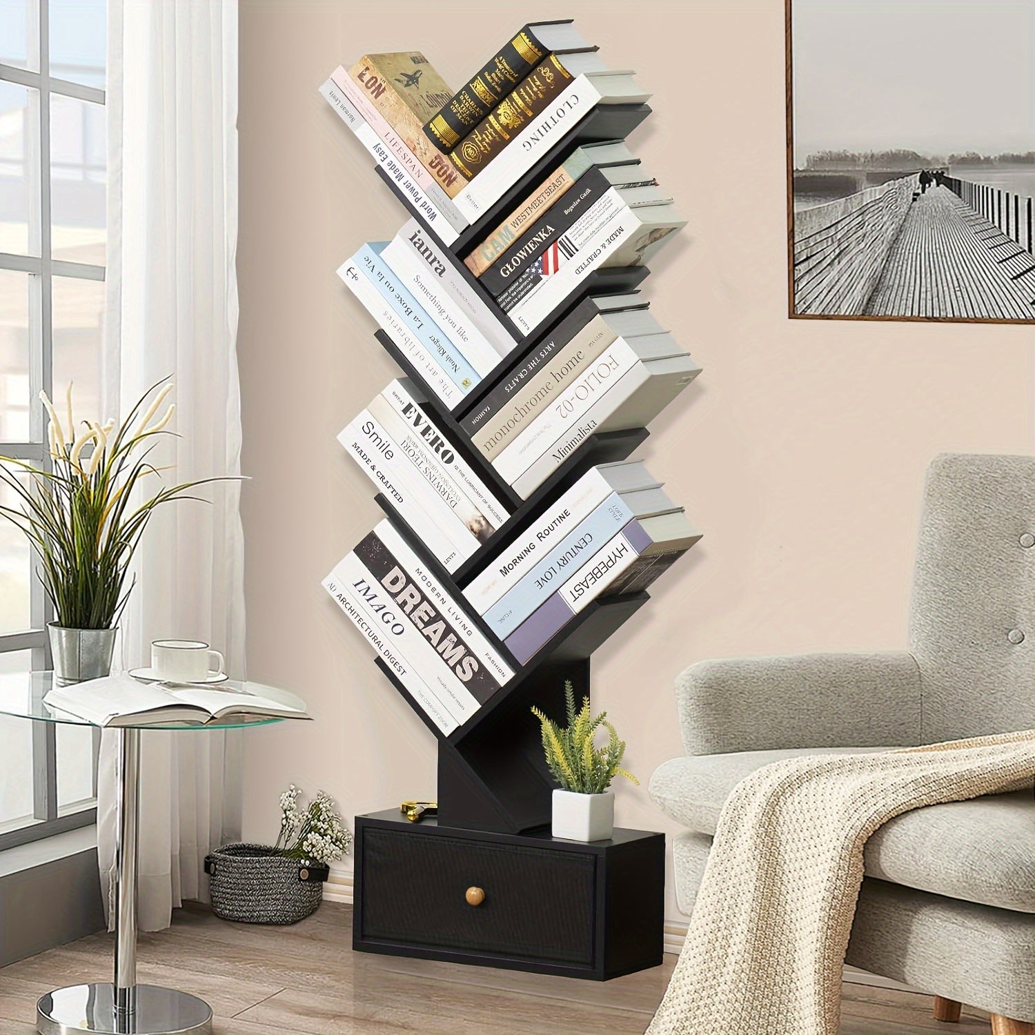 8 Tier Tree Bookshelf With Drawer, Free Standing Wood Bookcase For Living Room, Bedroom, Home Office, Space Saving Storage Organizer Bookshelves For Books, CDs, Vinyl Records- Black