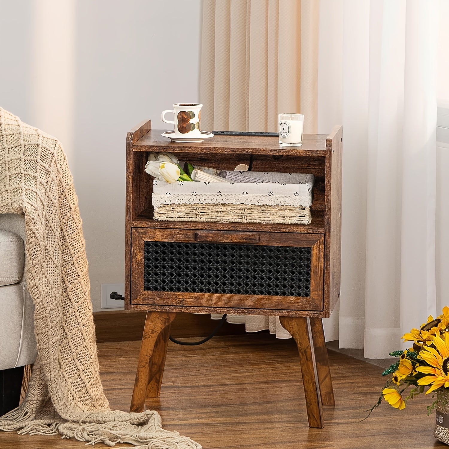 Rattan Nightstand With Charging Station, Side Table With Drawer Open Shelf, Cane Accent Bedside End Table With Solid Wood Legs, Night Stand For Bedroom, Dorm And Small Spaces (Brown)