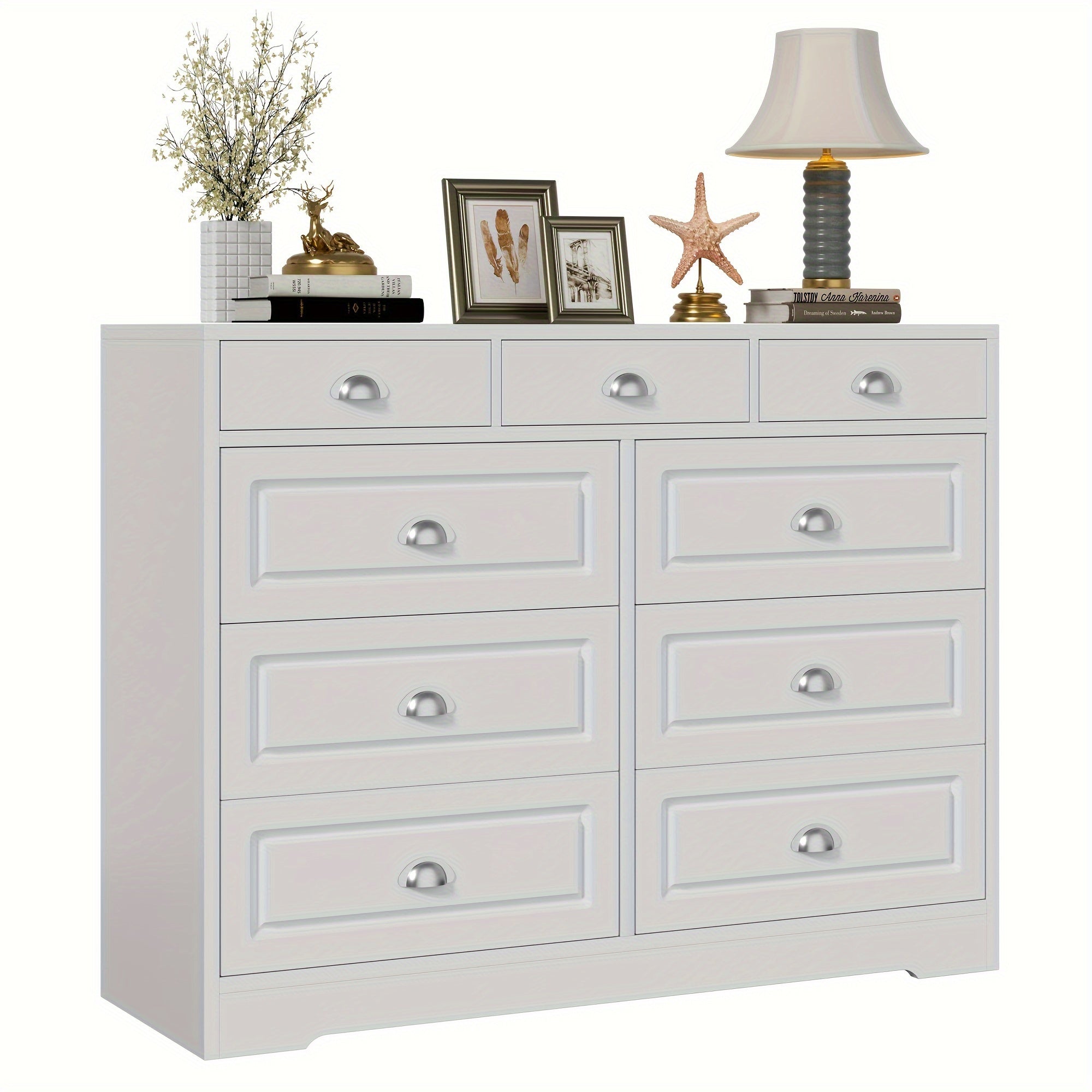 Tall White 9 Drawer Dresser, Wood Vertical Drawer Chest For Bedroom, 52 Inch High Modern Lingerie Dresser For Closet, Living Room, Hallway And Home Office