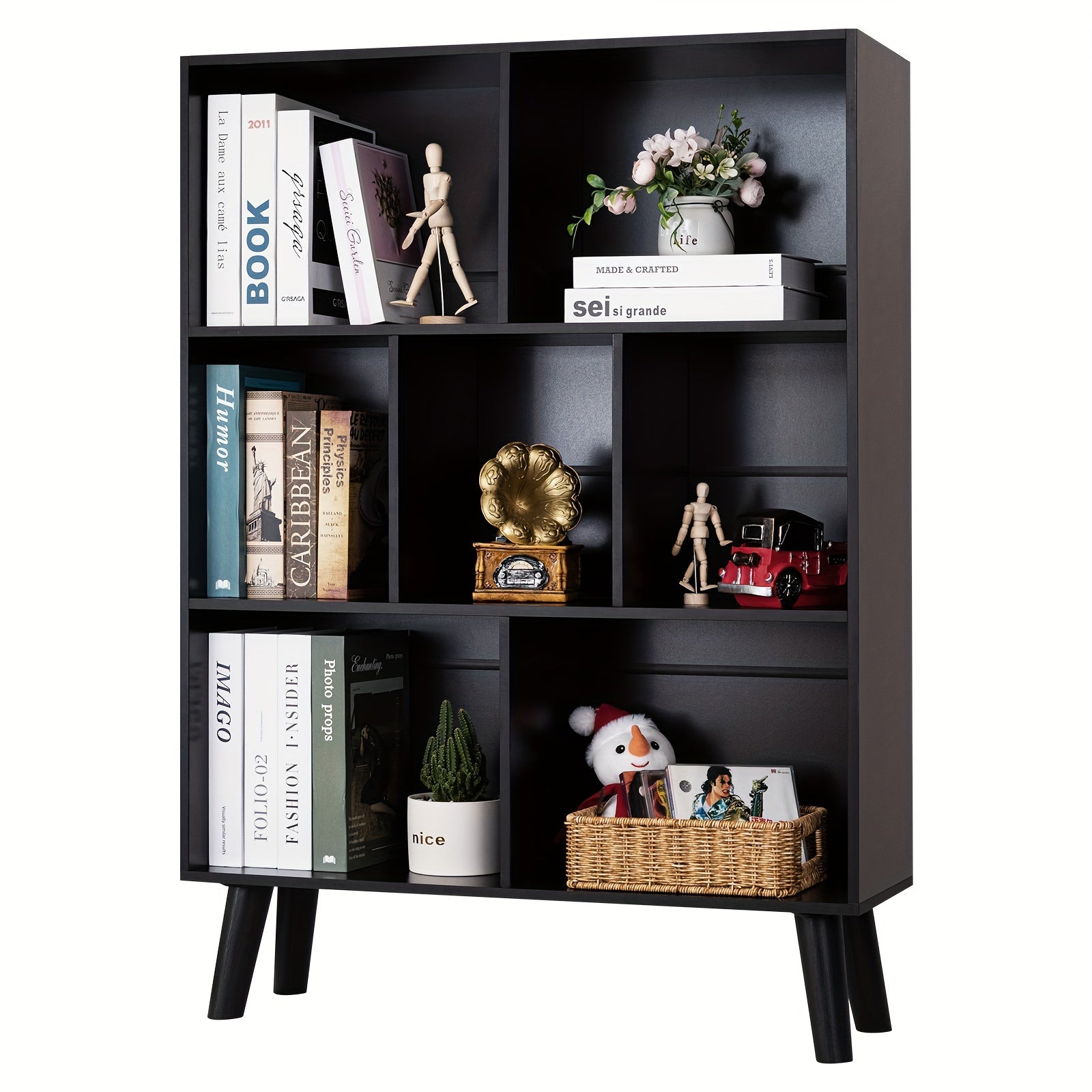 Black Bookshelf, 3 Tier Modern Bookcase with Legs, Bookshelves Wood Storage Shelf, Open Book Shelves Cube Organizer, Freestanding Short Bookcases