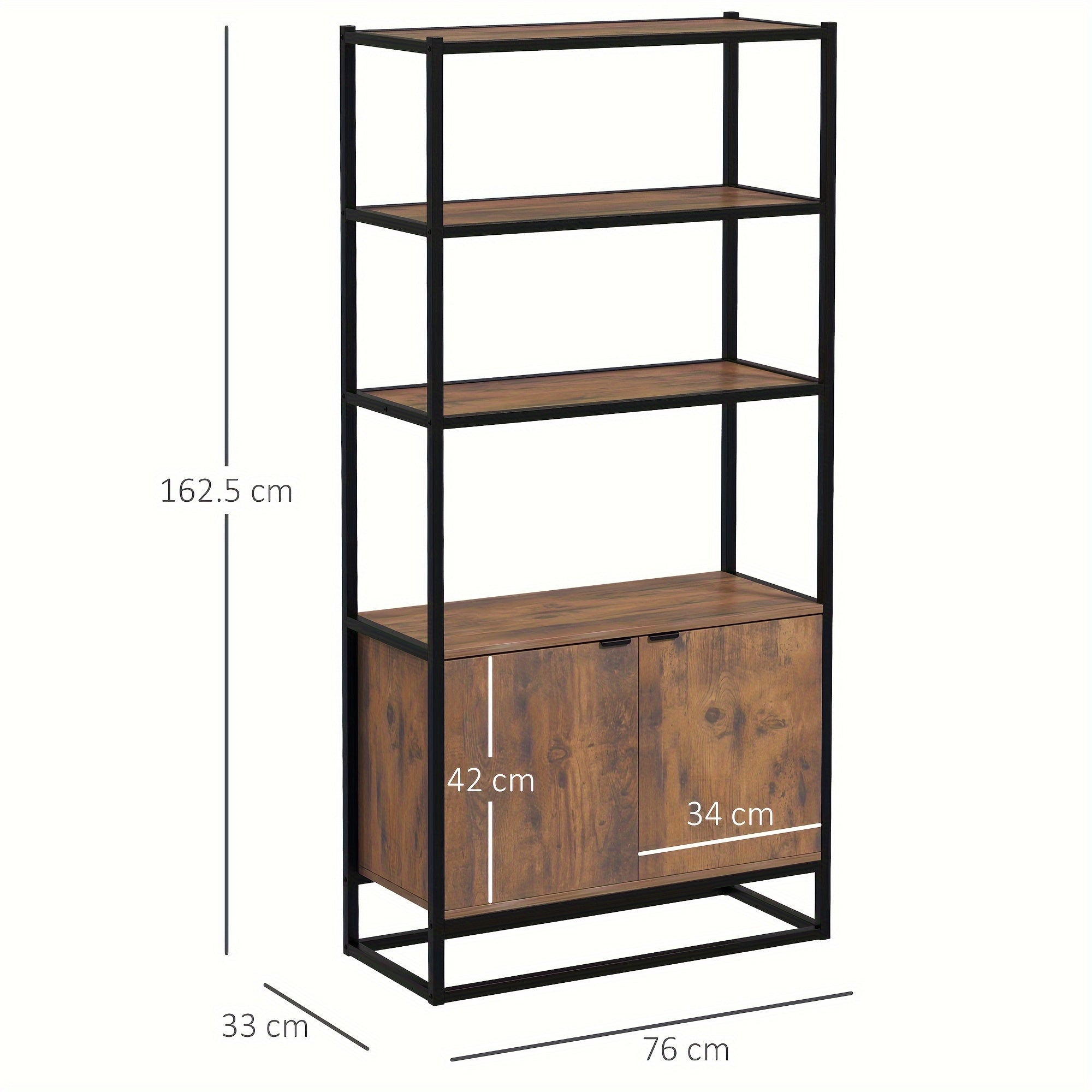 Bookcase With Cabinet, 3-Tiers Bookshelf For Storage, Tall Organizer Multifunctional Rack For Living Room Home Office, Brown