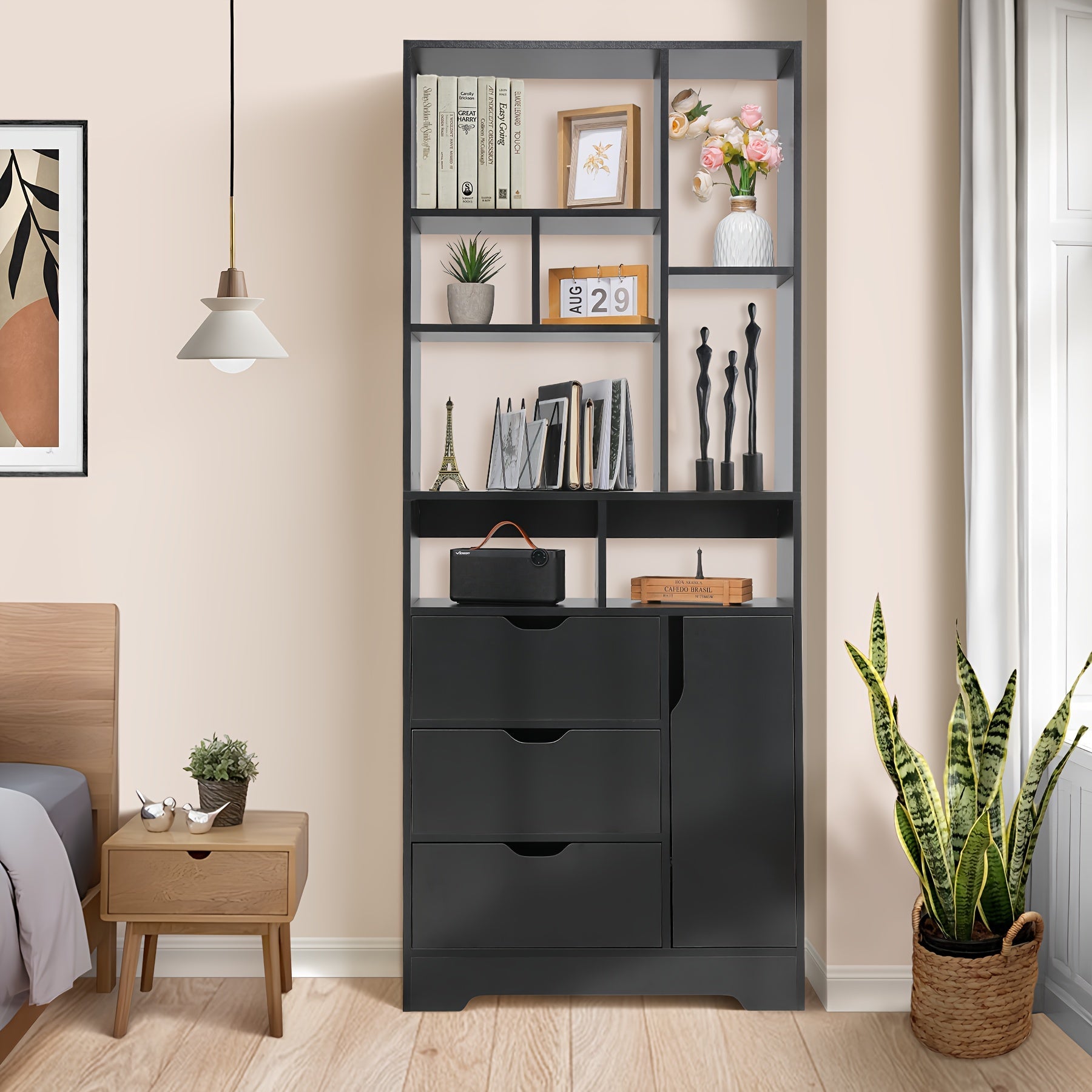 180cm Bookcase with Door and 3 drawers, Bookshelf for living Room Home Office