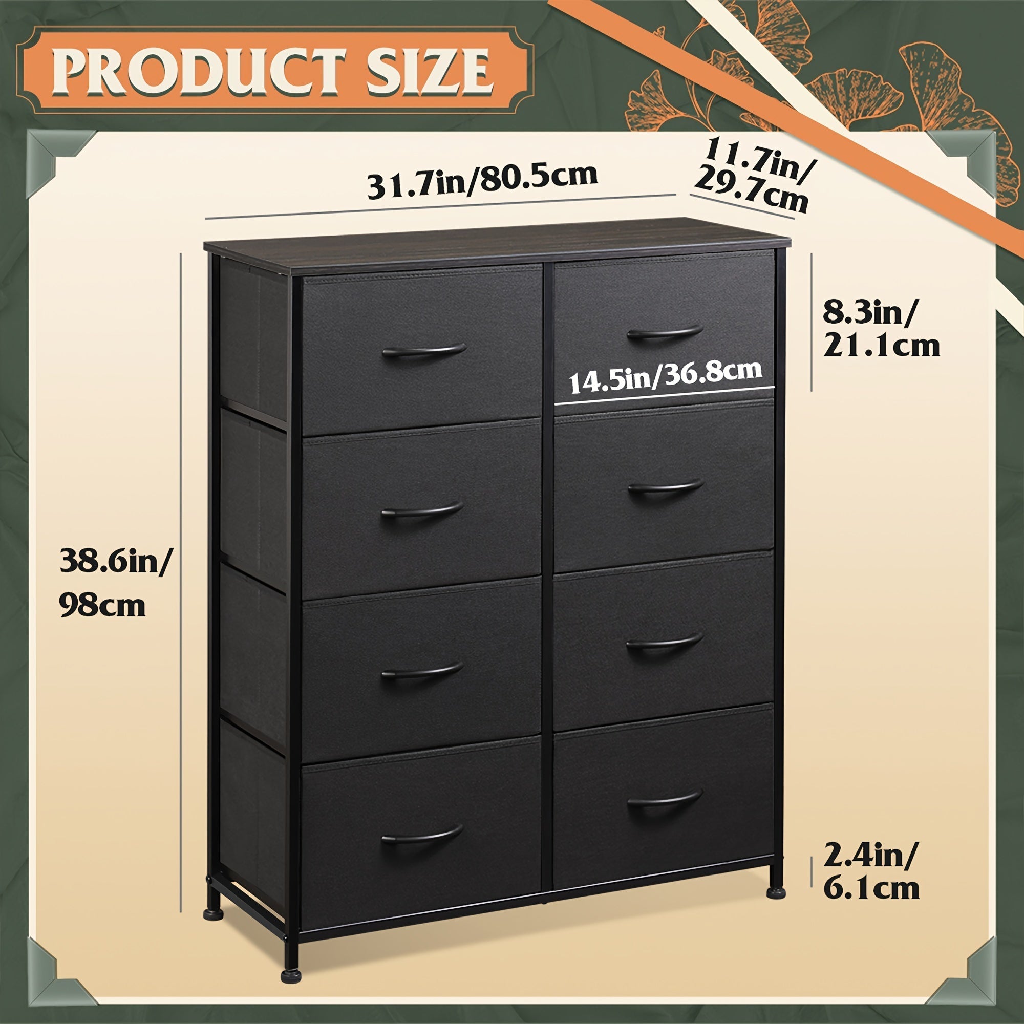 Tall Dresser with 8 Drawers, Storage Tower with Fabric Bins, Double Dresser, Chest of Drawers for Closet, Living Room, Hallway, Charcoal Black