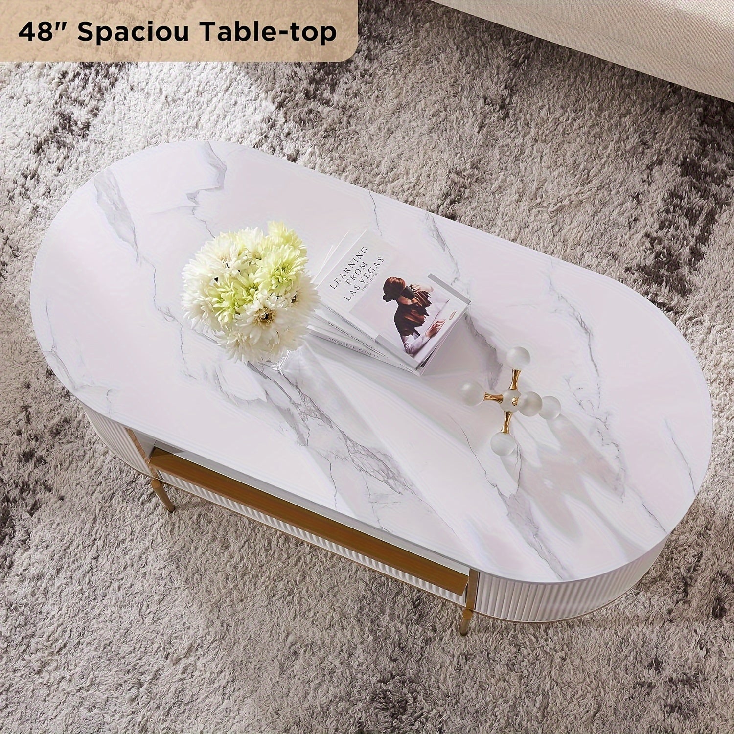 Modern Luxury Fluted Coffee Table, 122cm Oval Coffee Table with Drawer, Faux Marble Top, Curved Profile Design, Golden Metal Decor, Center Table for Living Room