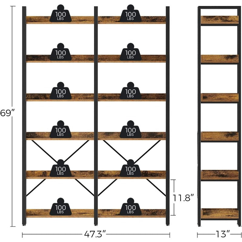 Bookshelf 6 Tier with 4 Hooks, 69 Industrial Wooden Bookcase, Vintage Storage Rack with Open Shelves, Rustic Standing Bookshelves Metal Frame 47.3 Wide Display Rack