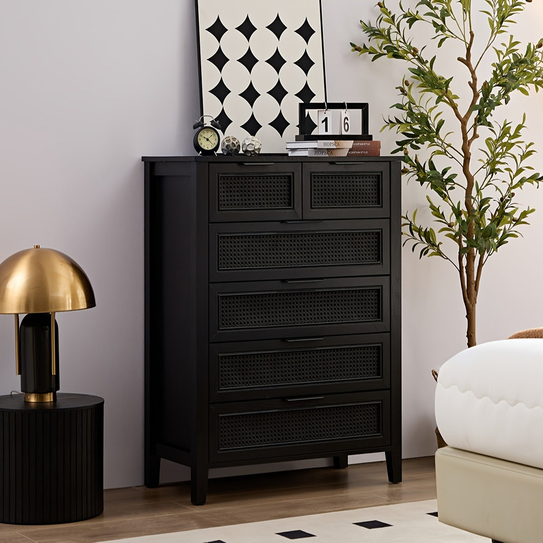 Black 6 Drawers Dresser, Dressing Table For Bedroom, Rattan Dresser For Household Storage And Organizing Tools, Tall Storage Cabinet For Studio, 6 Chest Of Drawers Cabinet For Living Room, Hallway