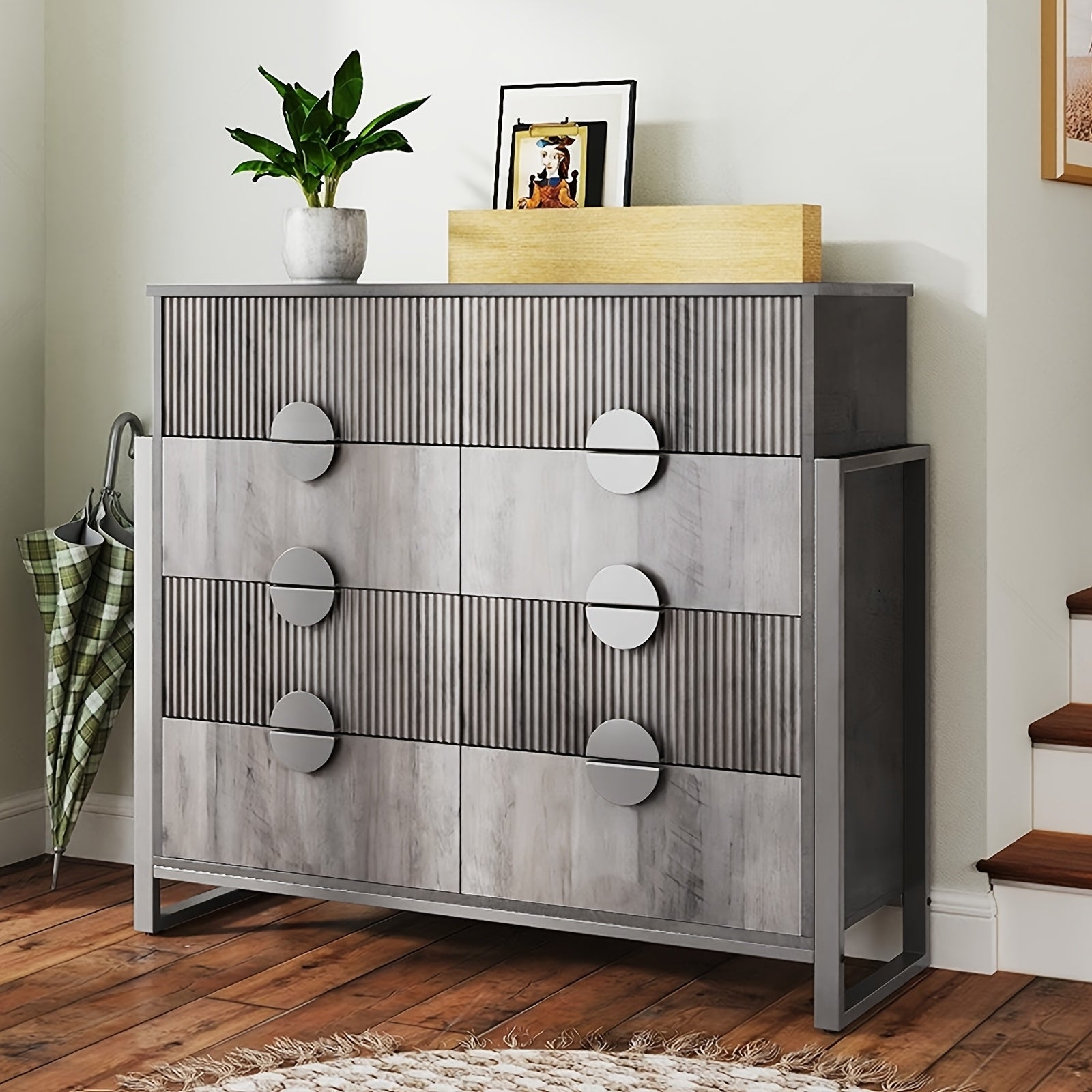 Modern Fluted 8-Drawer Dresser with Metal H Legs and Large Handles, 49.6" Long TV Stand, Suitable for Bedroom, Living Room, Hallway - Hardwood and MDF Construction, Tall Dresser for Bedroom