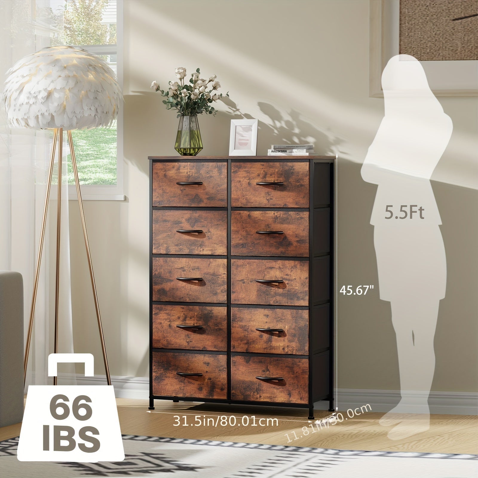 Idle Way Dresser For Bedroom With 10 Drawers, Dresser With Metal Frame And Wood Tabletop, Clothes Drawer Fabric Closet Organizer, Chest Storage Tower For Living Room, Entryway