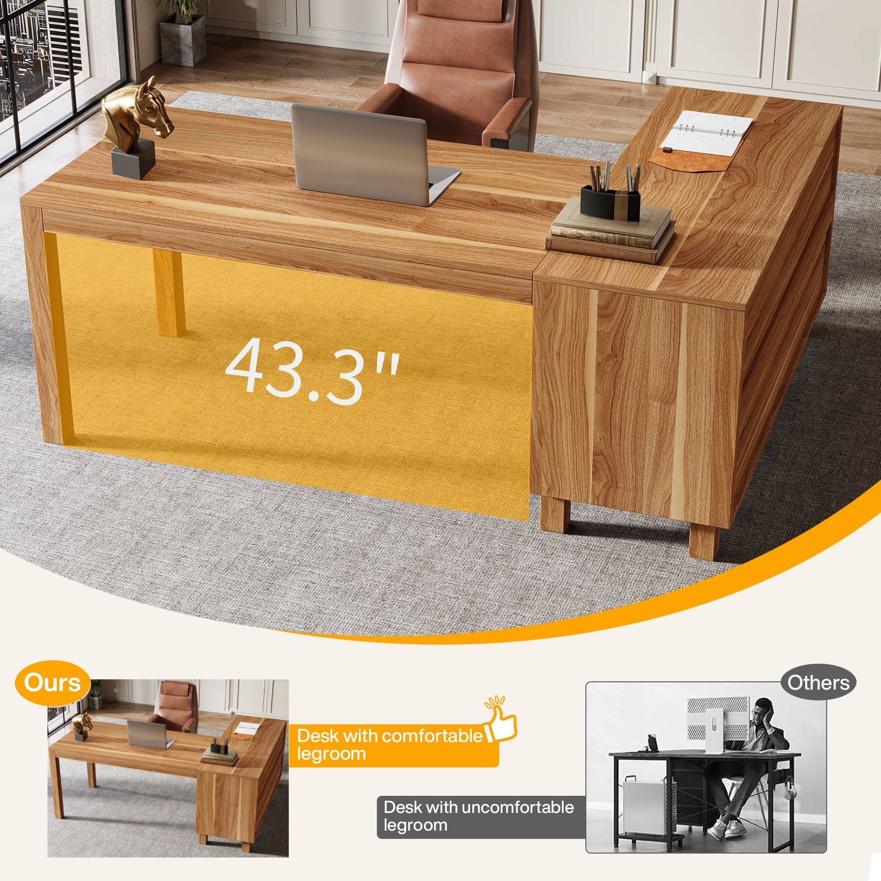 150 cm L-Shaped Executive Desk, Computer Desk for Home Office with Storage Cabinet