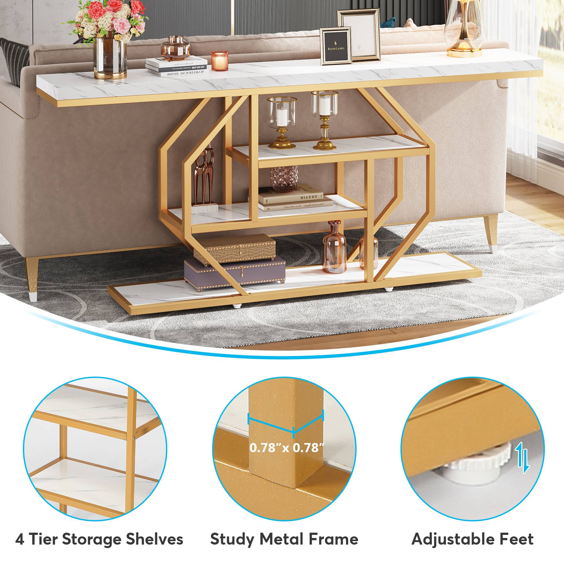 4-Tier Console Table, 180 cm Sofa Table Accent Table with Storage Shelves