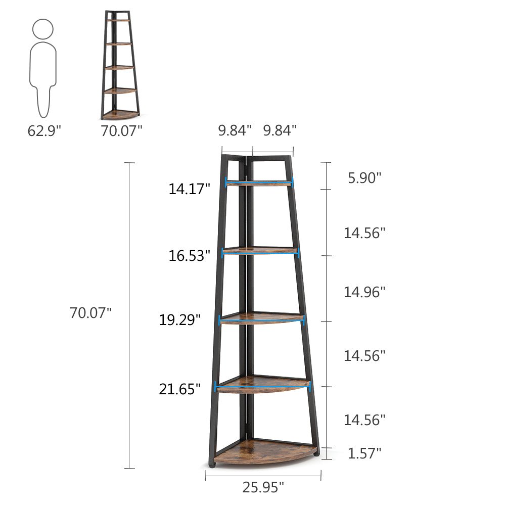 5-Tier Corner Shelf, 178 cm Tall Corner Ladder Shelf Small Bookshelf