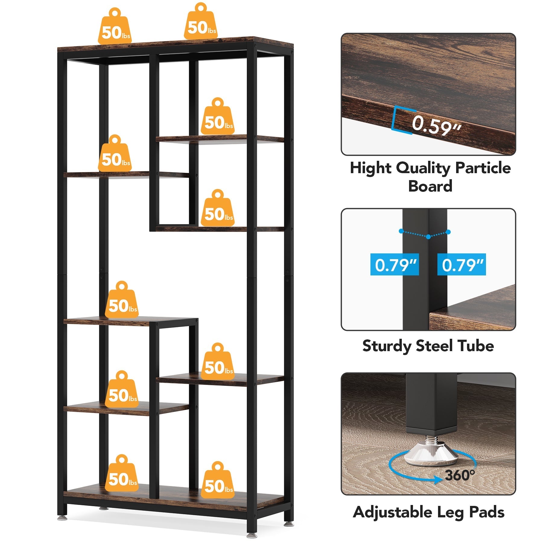 8-Shelf Bookshelf, Industrial Open Bookcase Storage Display Rack (Converted to cm)