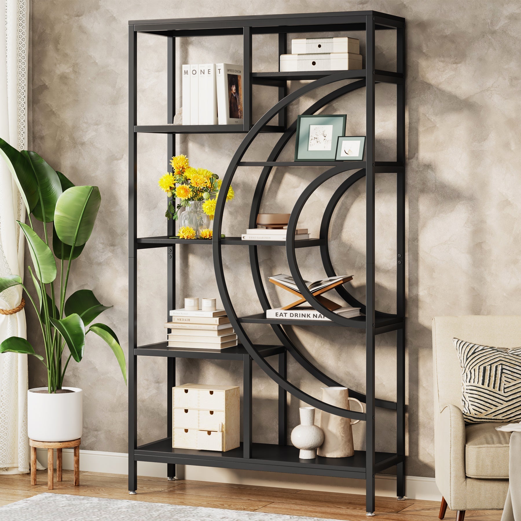 8-Tier Bookshelf, 180 cm Geometric Bookcase, Industrial Etagere Shelving Unit