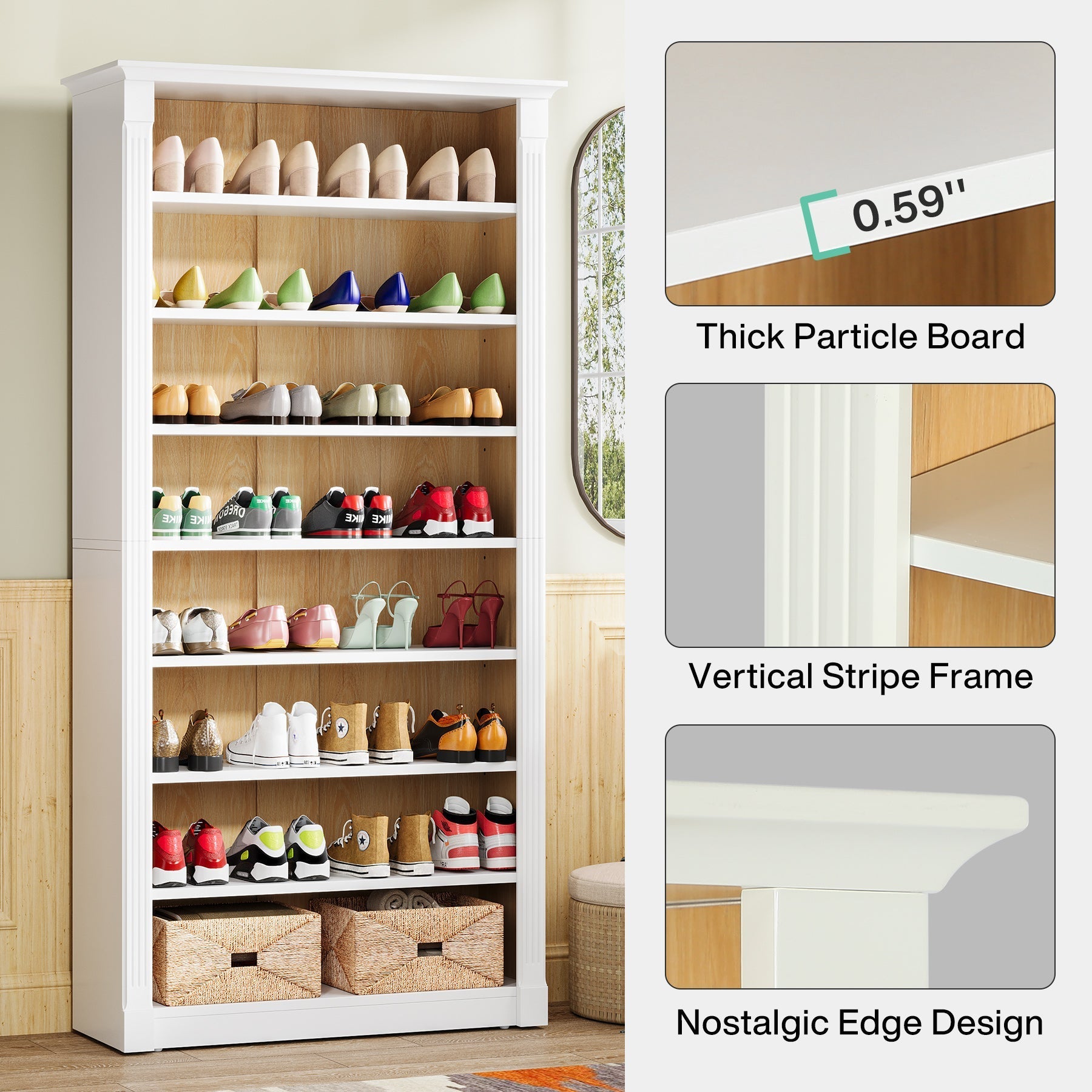 8-Tier Shoe Rack, Wooden Freestanding Shoe Storage Cabinet for 32-40 Pairs (Approximately 20.32 cm per Tier)