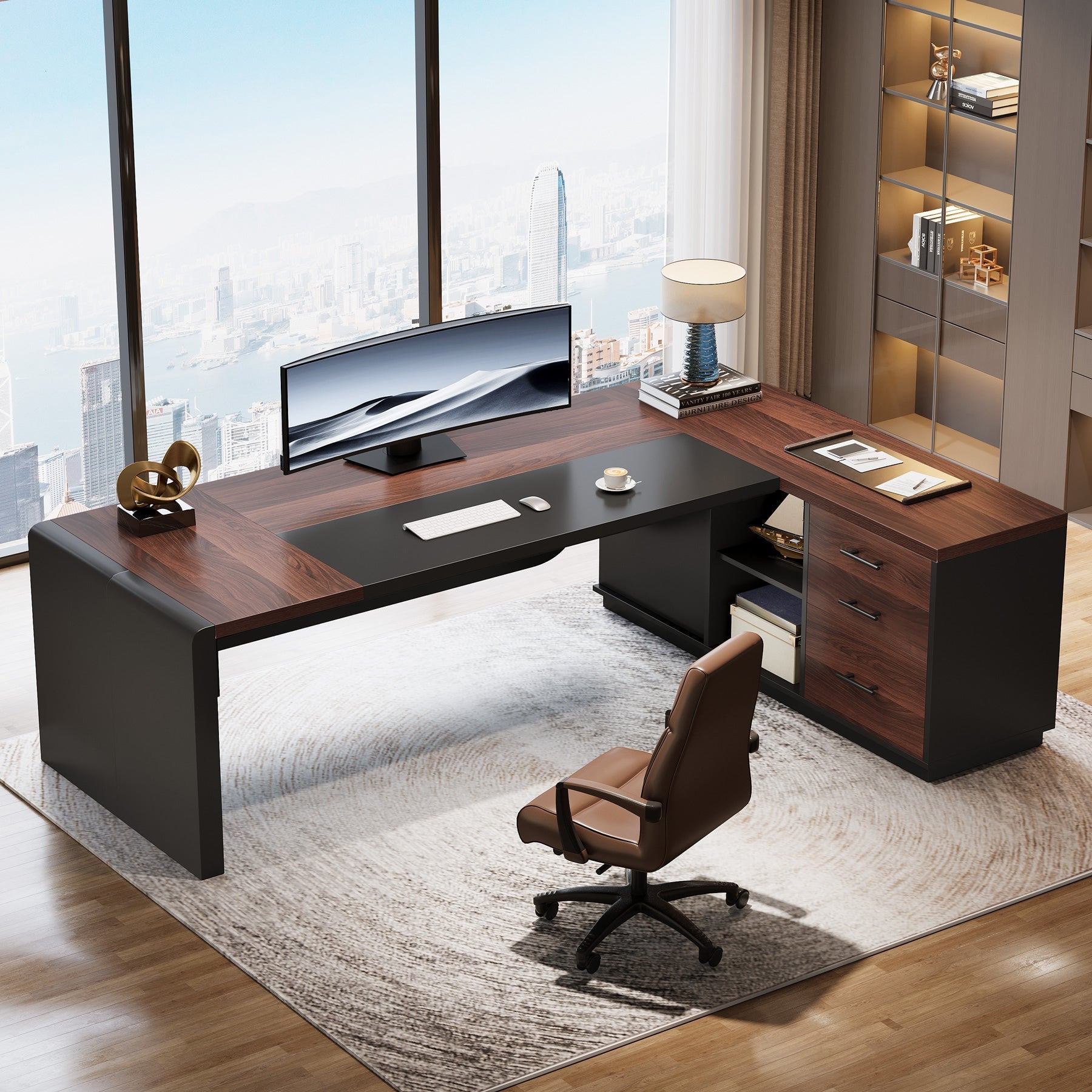 203 cm Executive Desk, L-Shaped Computer Desk with Storage Drawers