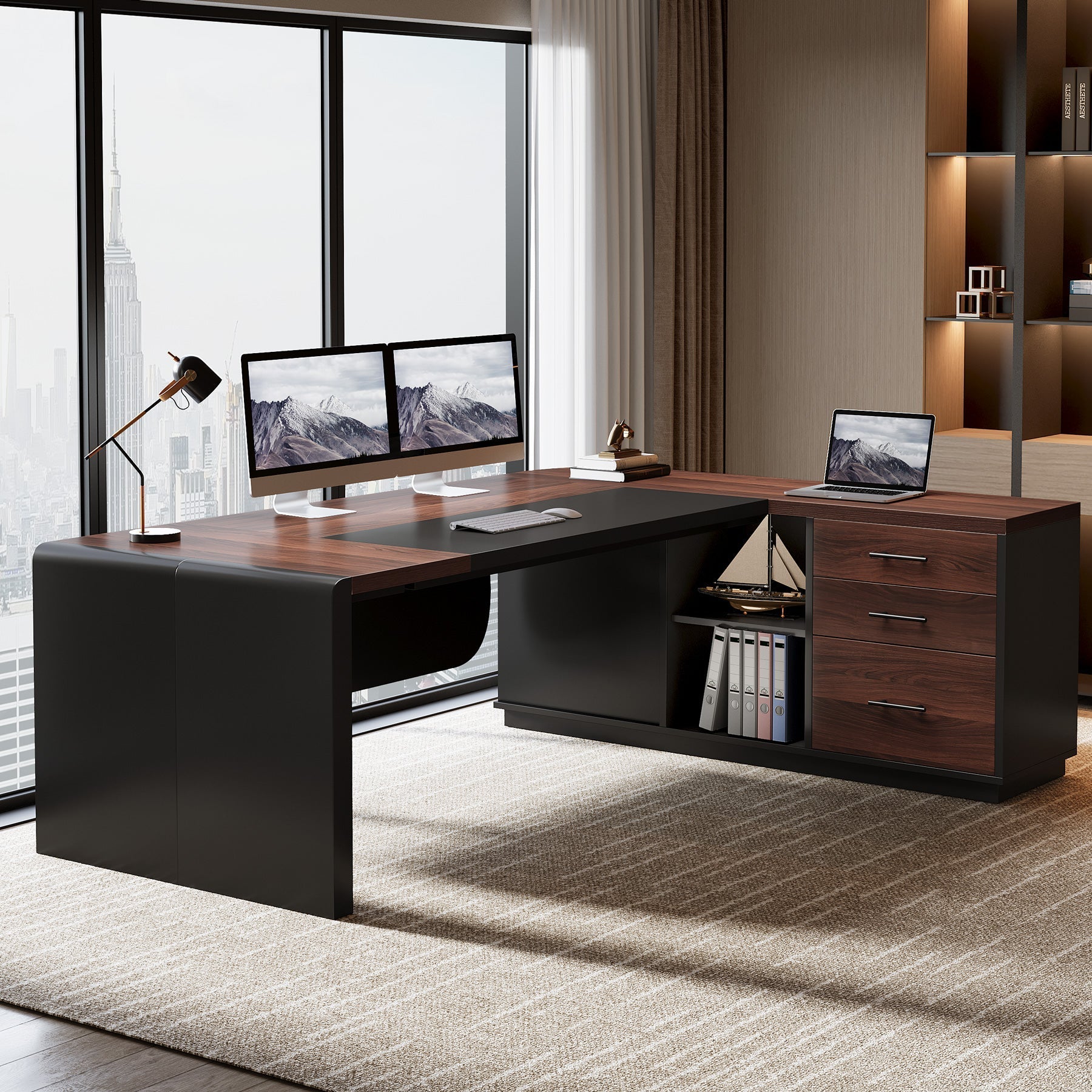 203 cm Executive Desk, L-Shaped Computer Desk with Storage Drawers