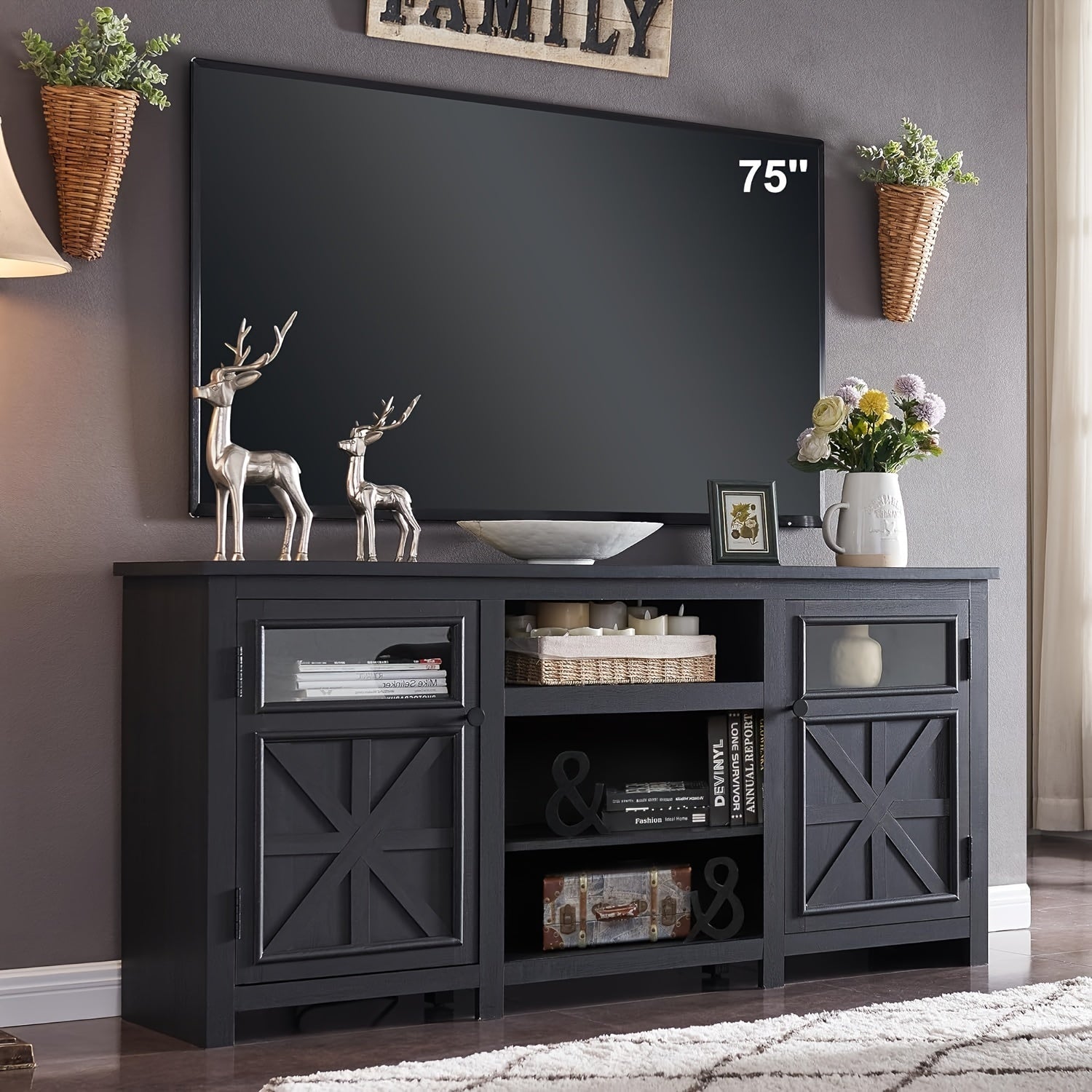 Farmhouse TV Stand For 75 Inch TV, Entertainment Center With Storage, Modern TV Cabinet With Barn Doors, 66" Rustic TV Console For Living Room, Adjustable Shelf