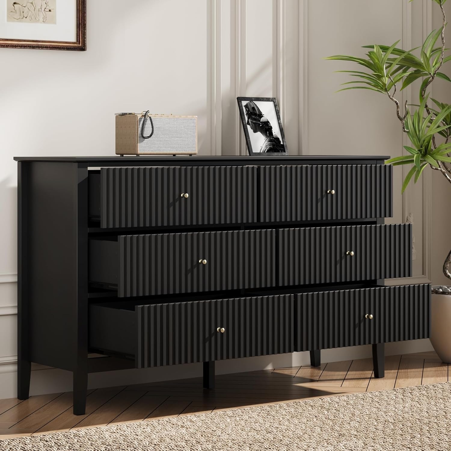 Sleek Black Fluted Dresser, Spacious 6 Drawer Chest, Modern Wood Storage for Bedroom, Living Room, Hallway, Stylish Organizer Cabinet