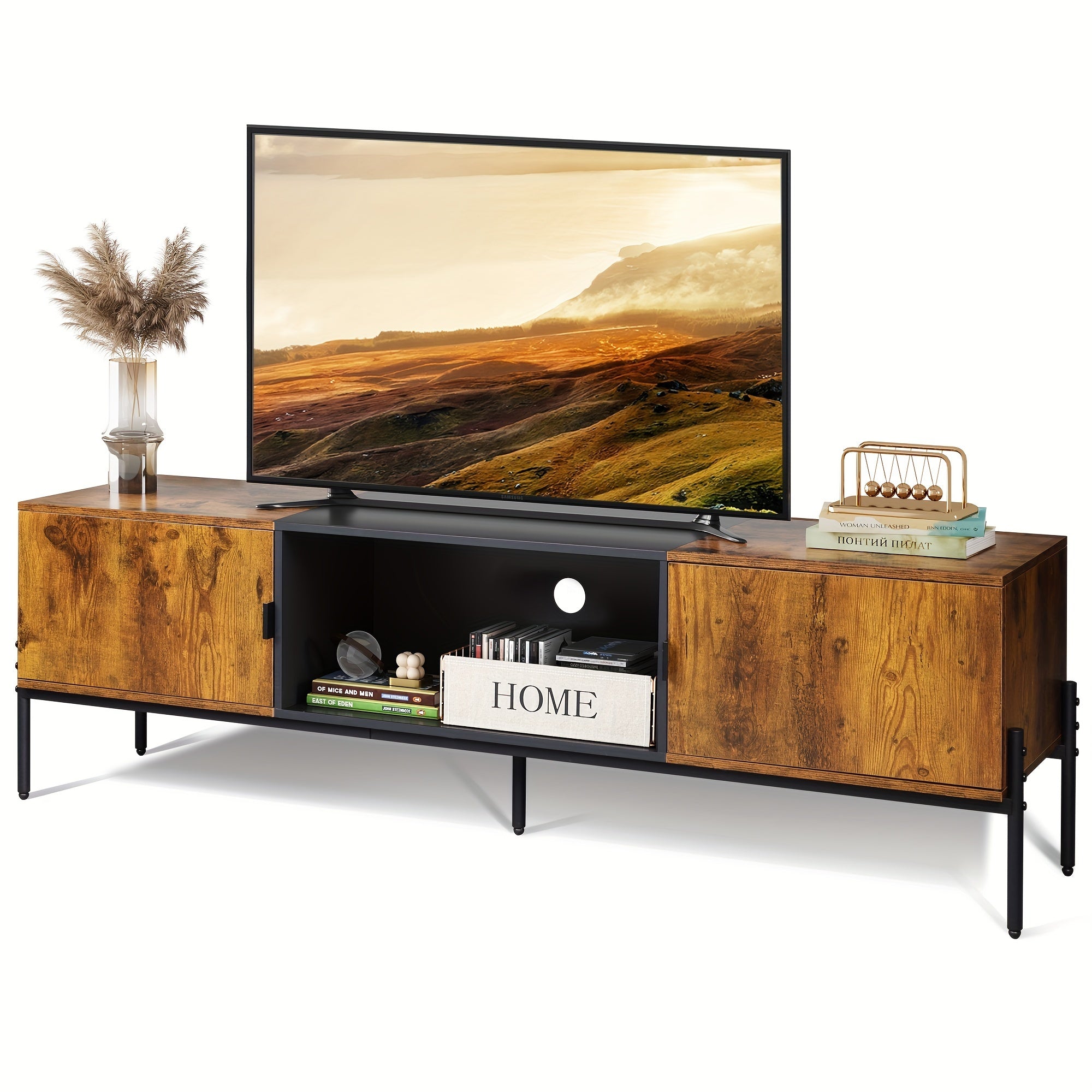 Modern TV Stand For 165cm TV, Mid Century Entertainment Center With Storage, TV Console With Open Shelf And 2 Cabinets For Bedroom And Living Room, TV Cabinet With Metal Legs