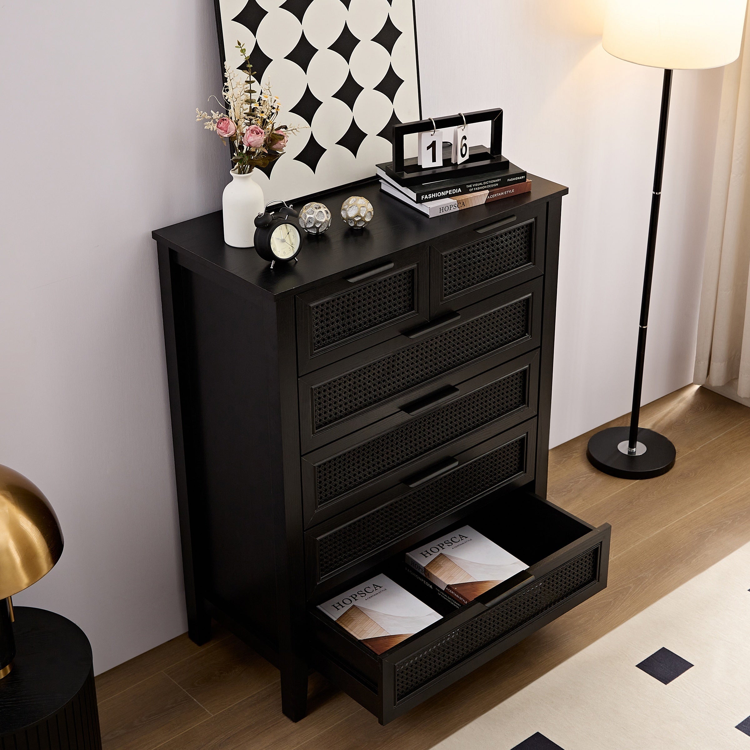 Black Dresser, 6 Chests of Drawers for Bedroom, Tall Dresser Black Rattan Drawer Dresser, Modern 6 Drawer Dresser with Rattan Drawer for Closet, Home Office