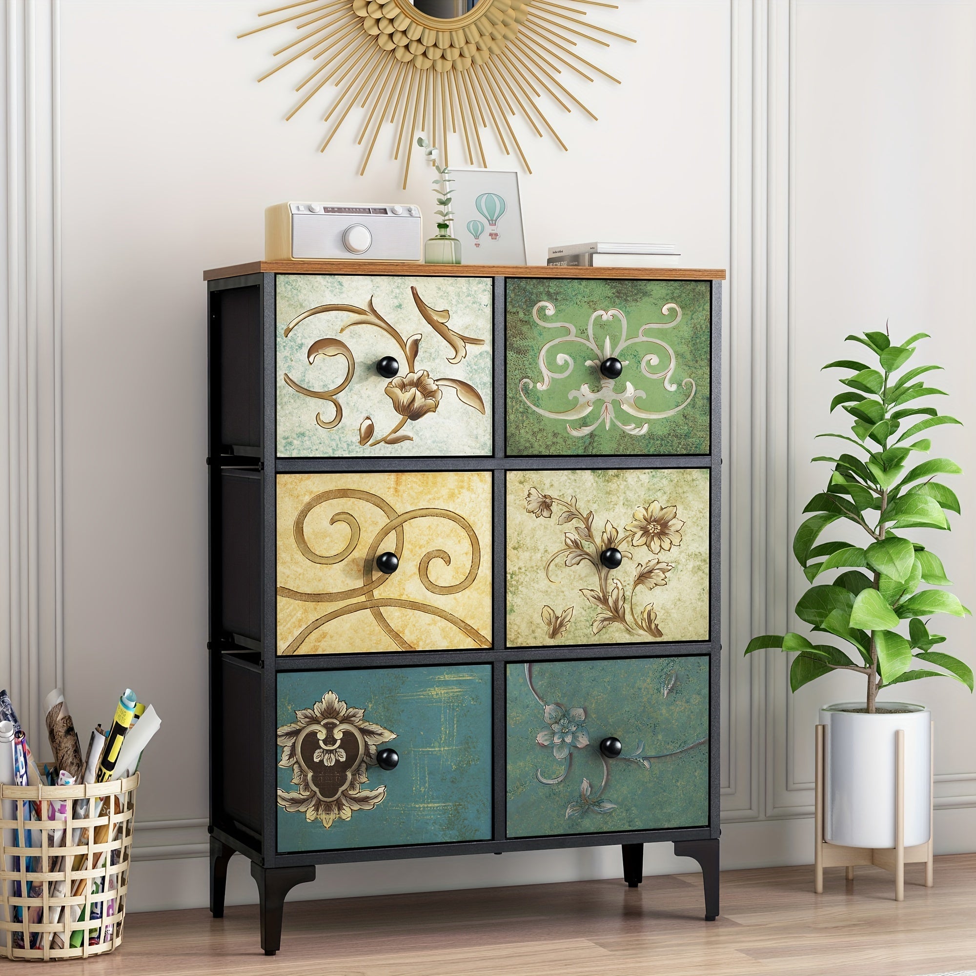 Dresser with 6 Drawers, Tall Storage Dresser for Bedroom, Modern Chest of Drawers for Closet, Living Room, Nursery, Wood Top, Fabric Drawer