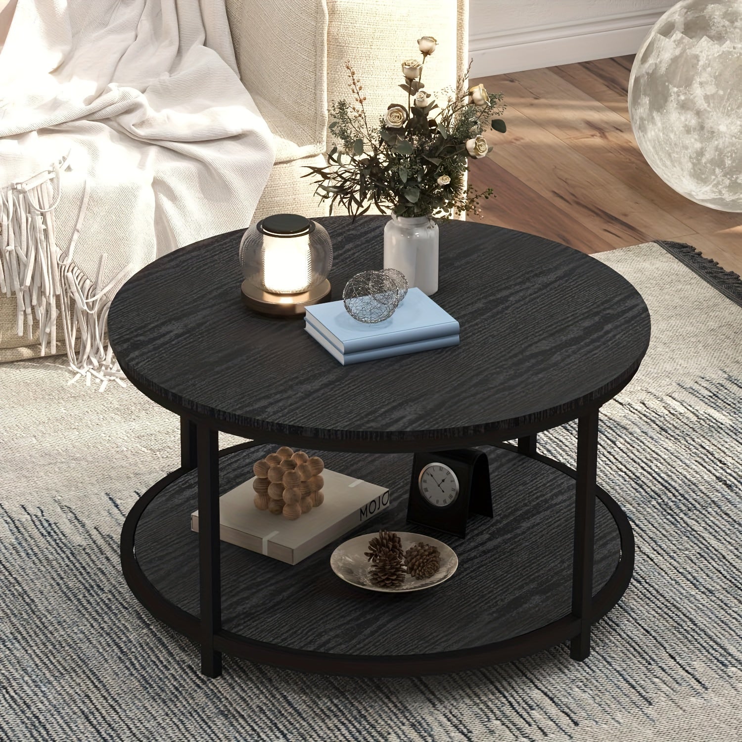 Round Coffee Table, 84cm Coffee Table For Living Room With 2-Tier Storage Shelf, Modern Wood Desktop Open Storage Compartment For Bedroom Home Office (Black)