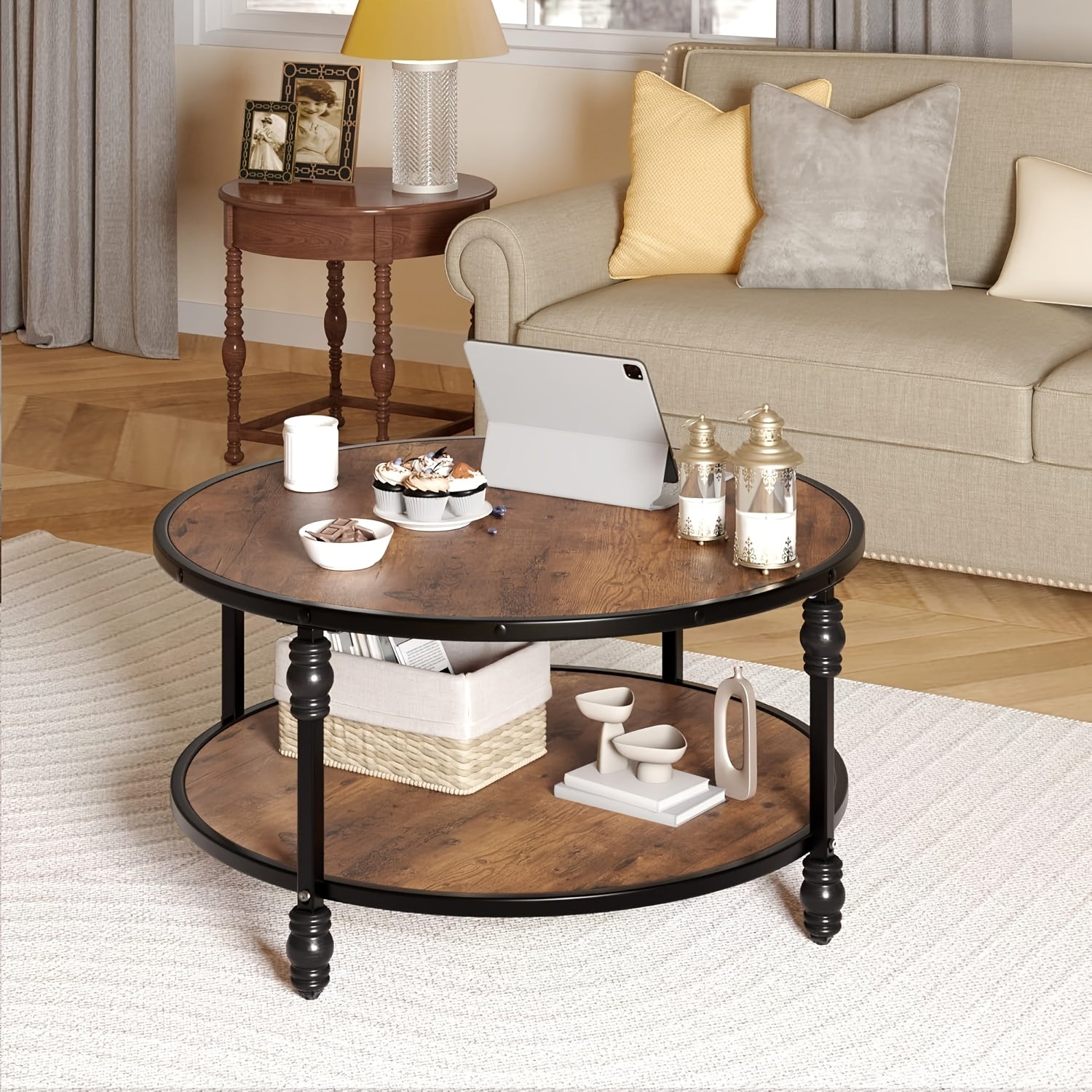 Round Coffee Table with StorageRustic Wtyle Solid Wood Coffee Table with Sturdy Metal LegsEasy to AssembleWooden Round Center Table Living Room Furniture