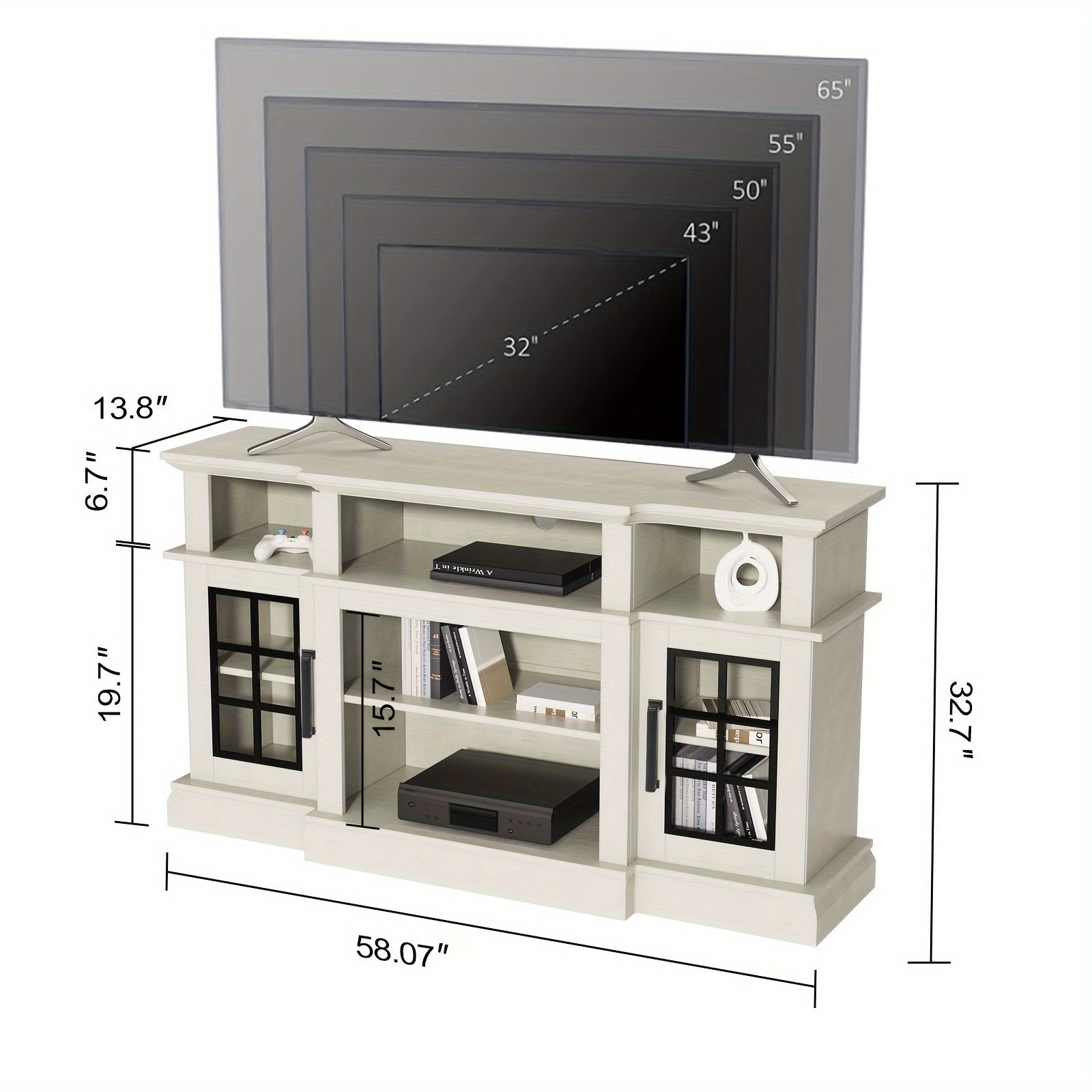 Antique White TV Stand for 165cm TV, Modern TV Stand with Glass Door, Farmhouse Entertainment Center for Bedroom, Tall Media Console Table with Classic Breakfront Design