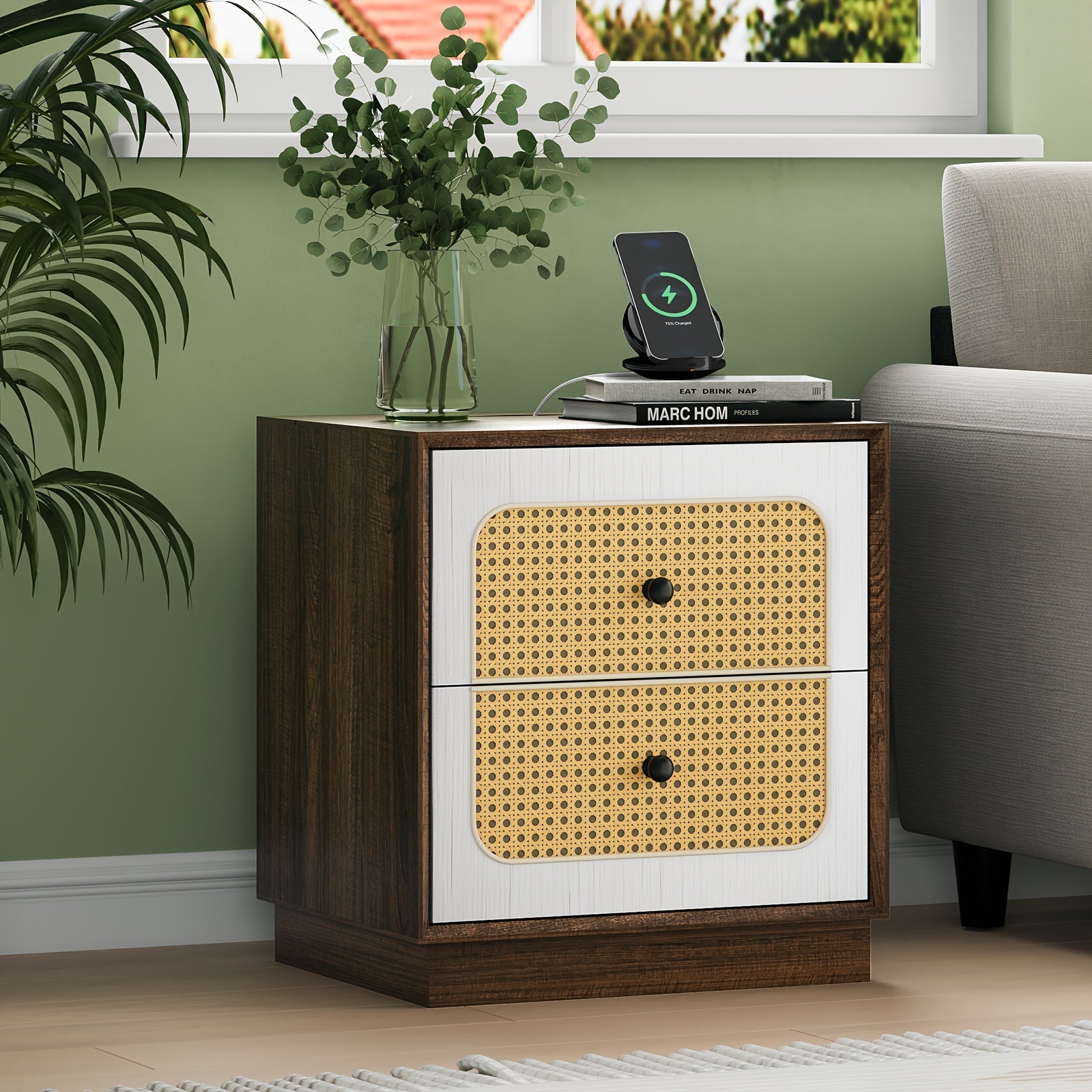 Modern Nightstand With Charging Station, Bedside Table With 2 Rattan Drawers, Boho Side Table With Storage, End Table For Bedroom, Living Room (Walnut White 1PCS)