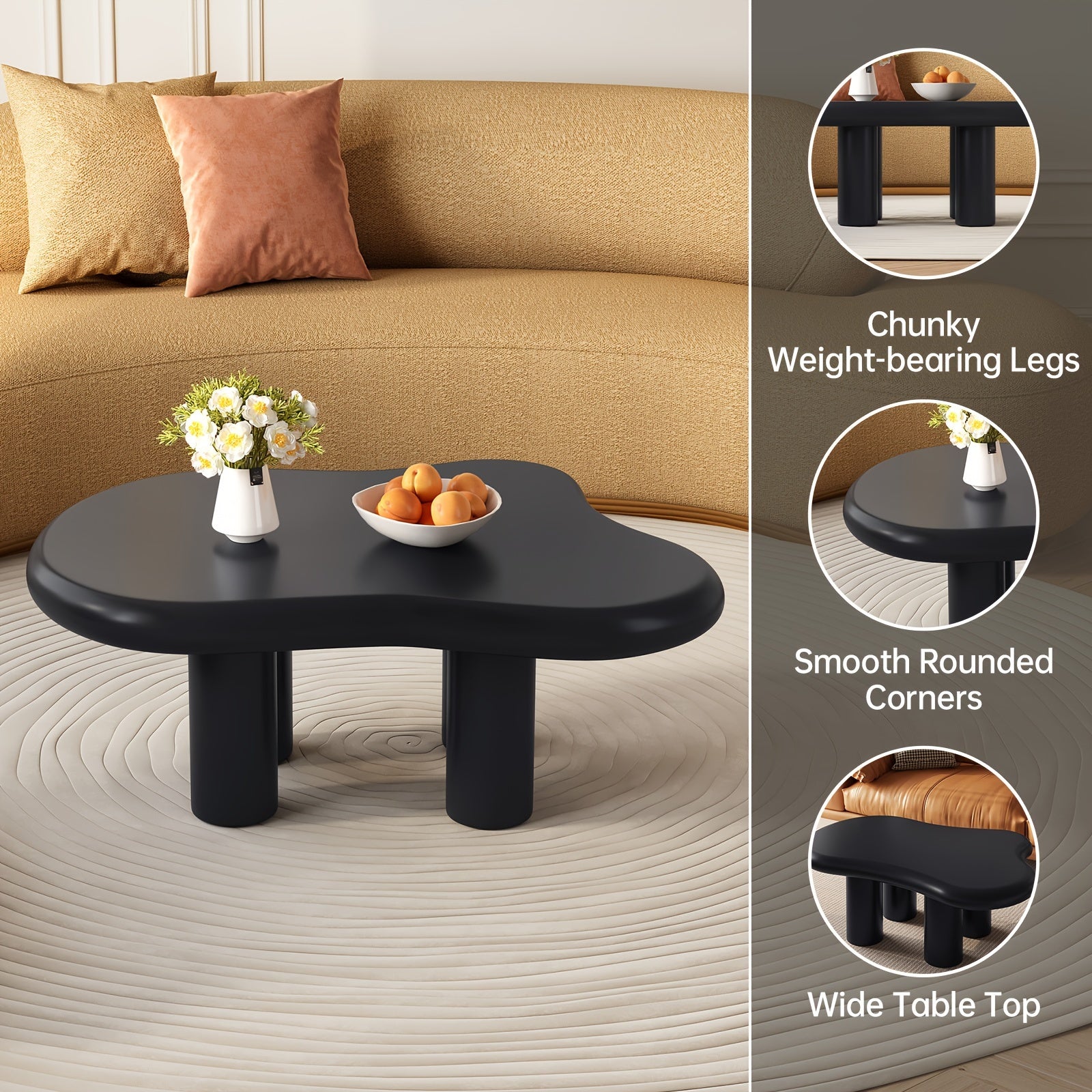 Cloud Coffee Table, Modern Black Coffee Table For Living Room, Cute Irregular Indoor Tea Table With 4 Legs, Easy Assembly