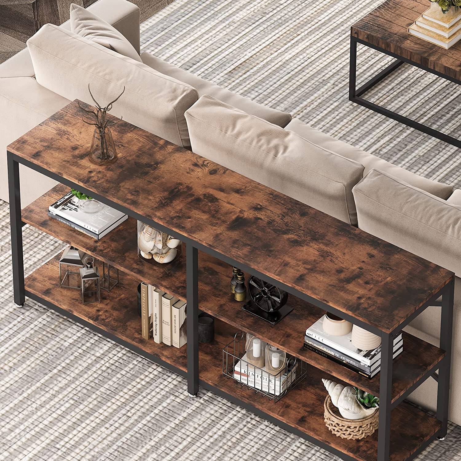 3-Tier Console Table, 180 cm Long Foyer Sofa Table with Storage Shelves