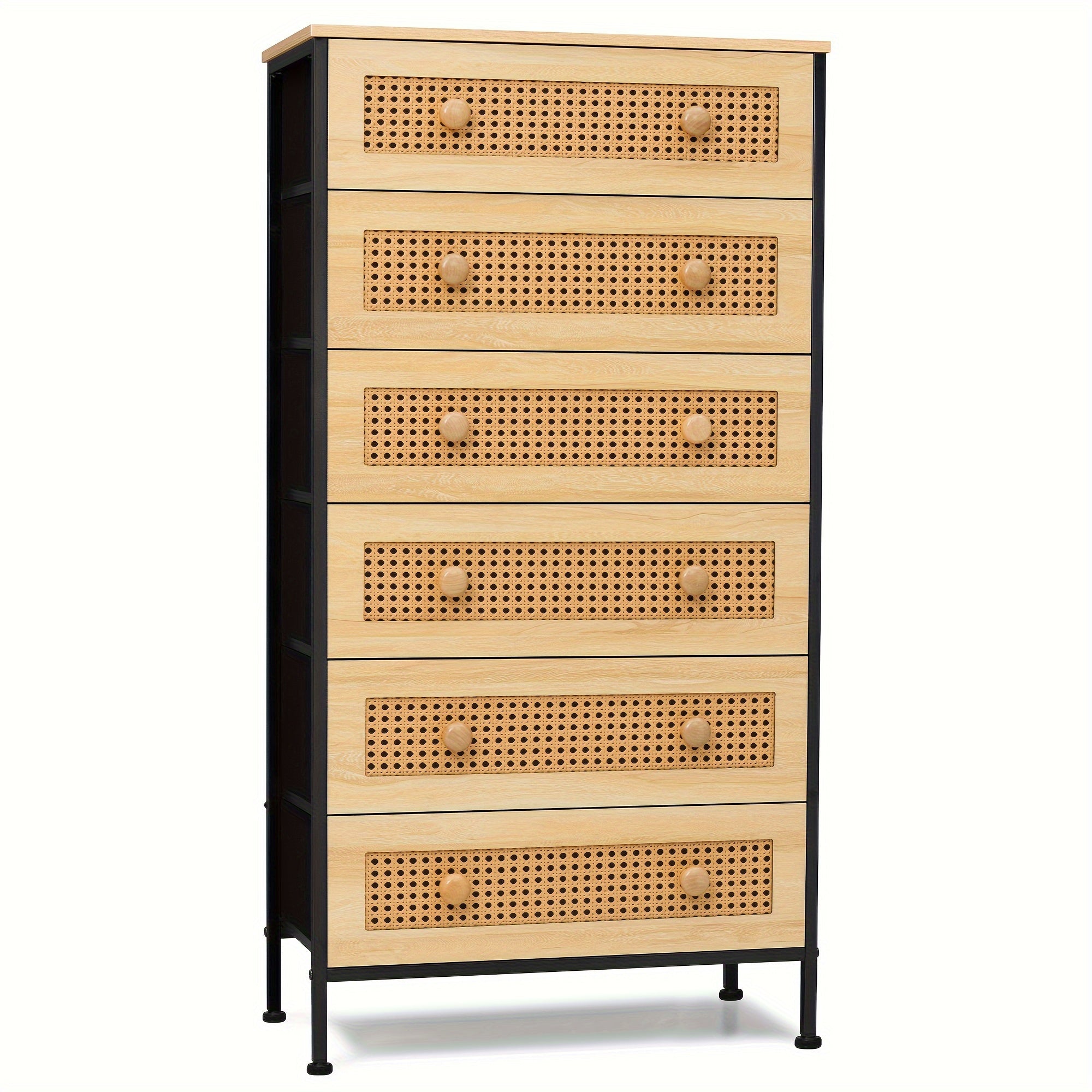 Rattan Dresser Storage Tower - Sturdy Steel Frame, Wood Top, Easy Pull Fabric Bins, Wood Handles - Organizer Unit For Bedroom, Hallway, Entryway, Closets - 6 Drawers (Natural)