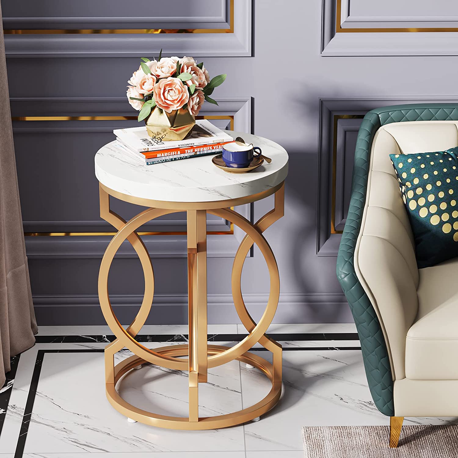 Round End Table, Modern Bedside Table with Faux Marble Top