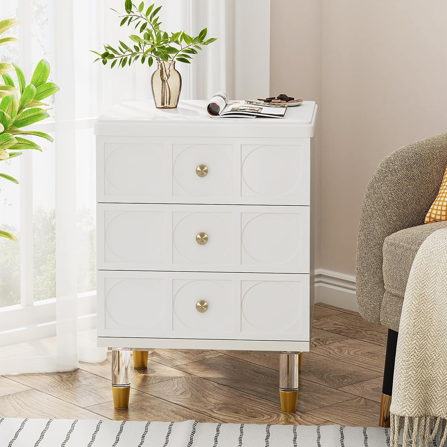 3-Drawer Nightstand Bedside Table with Acrylic Metal Legs (Converted to cm)