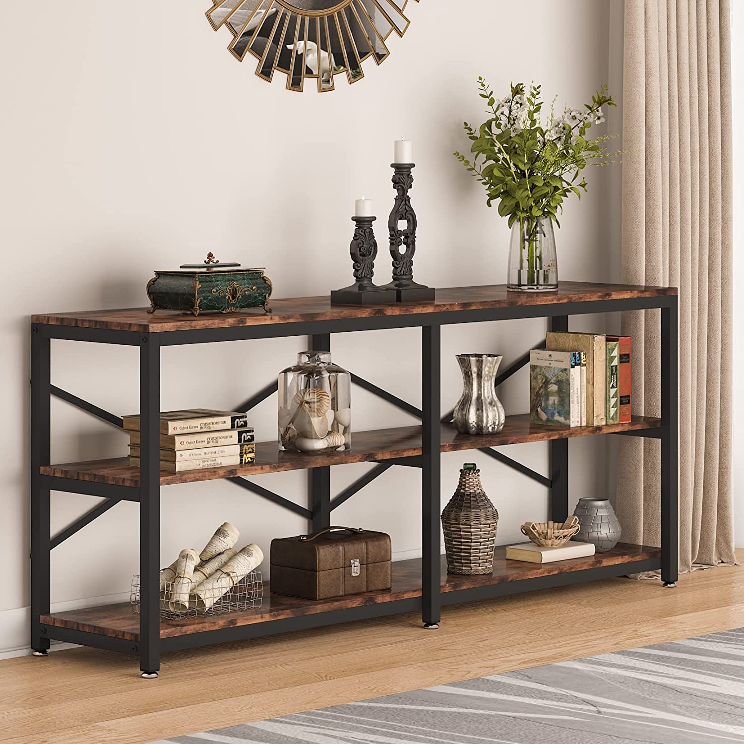 3-Tier Console Table, 180 cm Long Foyer Sofa Table with Storage Shelves