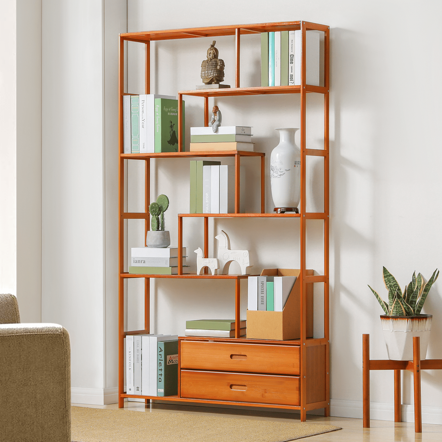 Magshion Bamboo 7 Tiers 2 Drawers Bookshelf, Books Display Storage Bookcase, Brown, for Home