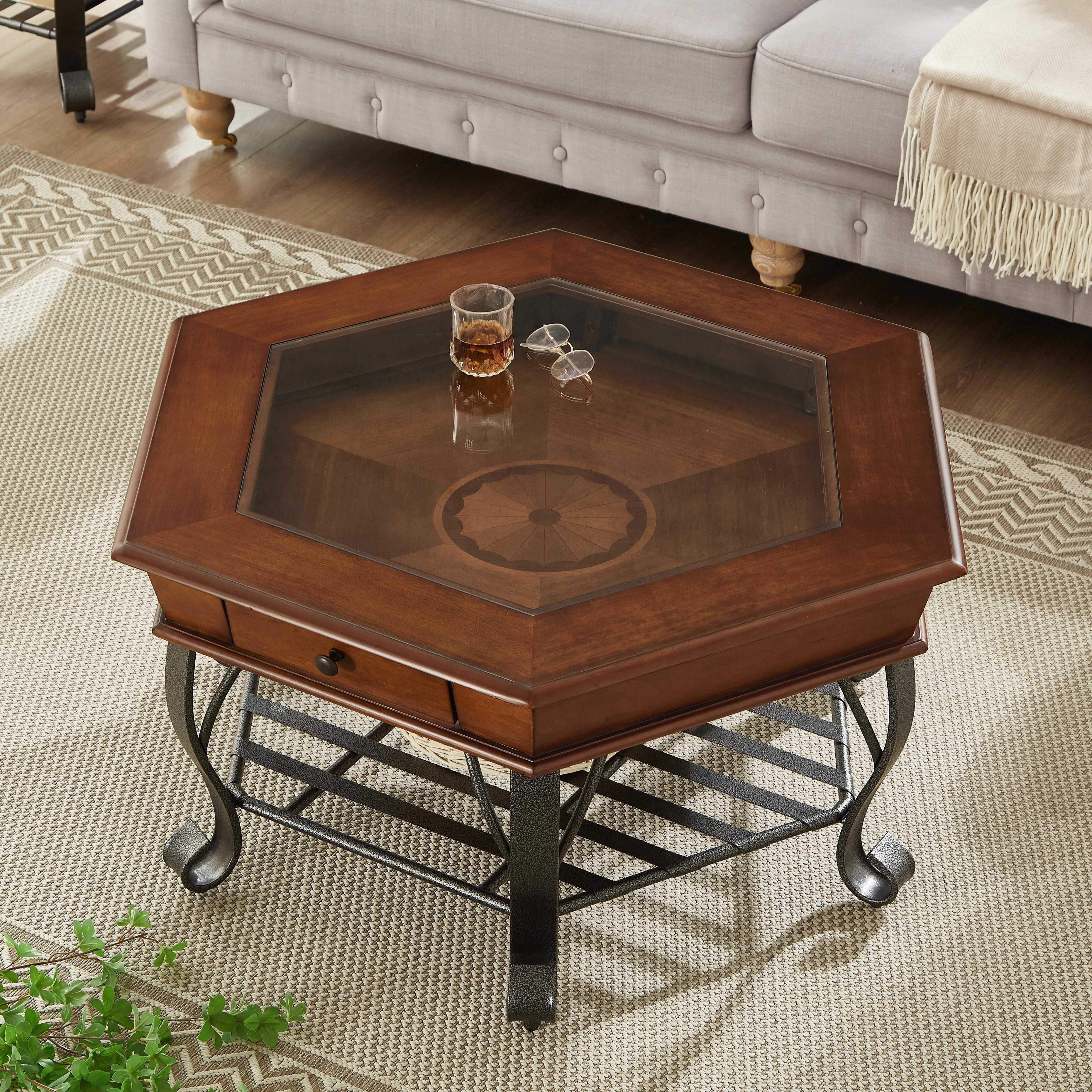 Wood Coffee Table, Vintage, Hexagon, Glass Top, With Drawer Storage