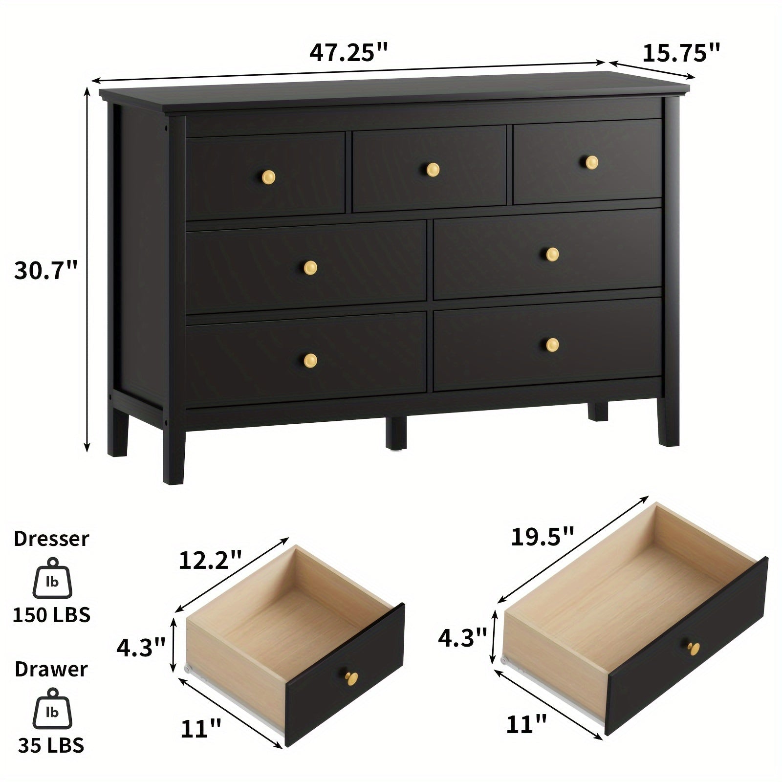 Dresser for Bedroom, 7 Drawer Dresser with Wide Drawers and Metal Handles, Gold Modern Dressers & Chests of Drawers for Hallyway, Entryway.