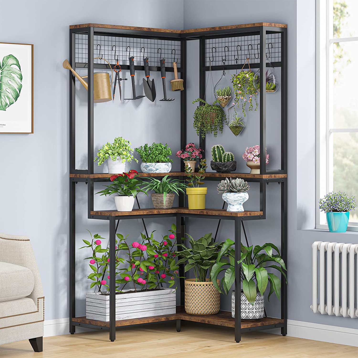 Corner Plant Stand, 170 cm Tall Flower Shelf with 15 Hanging Hooks