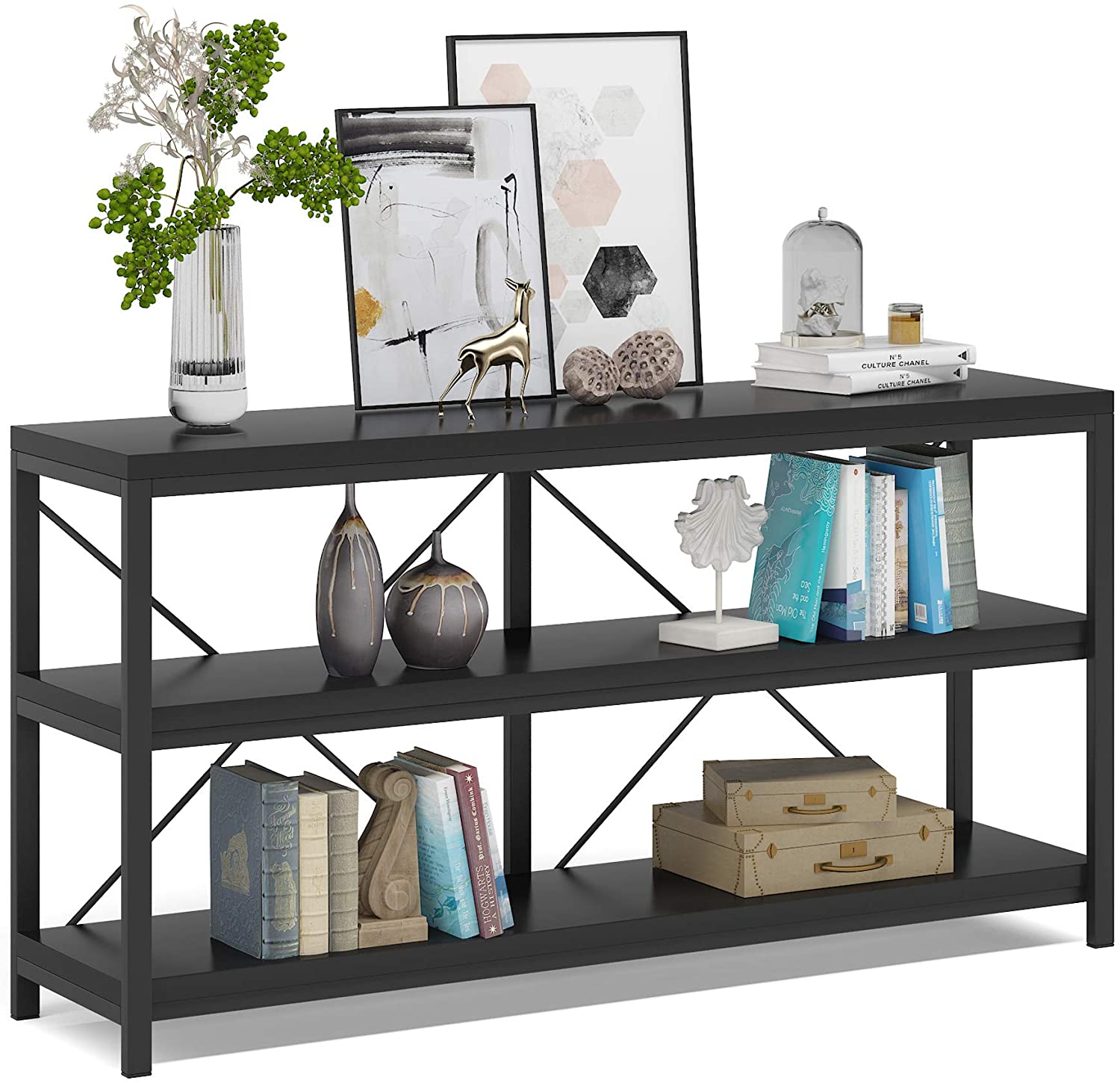 140 cm Console Table, Sofa Table TV Stand with 3-Tier Storage Shelves