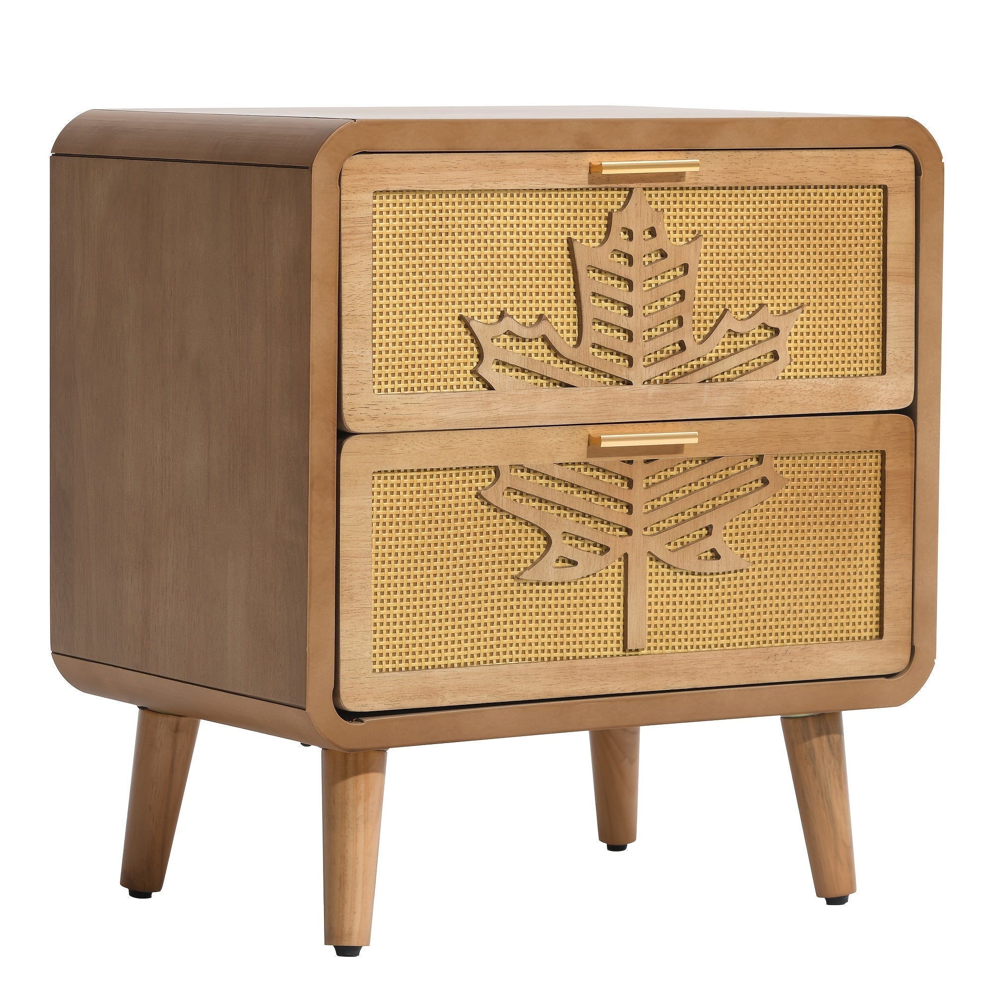 Mid-Century Modern Nightstand] Mid-Century Modern Nightstand with Rattan Accents and Maple Leaf Carving, Solid Wood and Fiberboard Construction, High-Density Storage, Pine Tabletop, with Engineered Wood Base, for Stylish