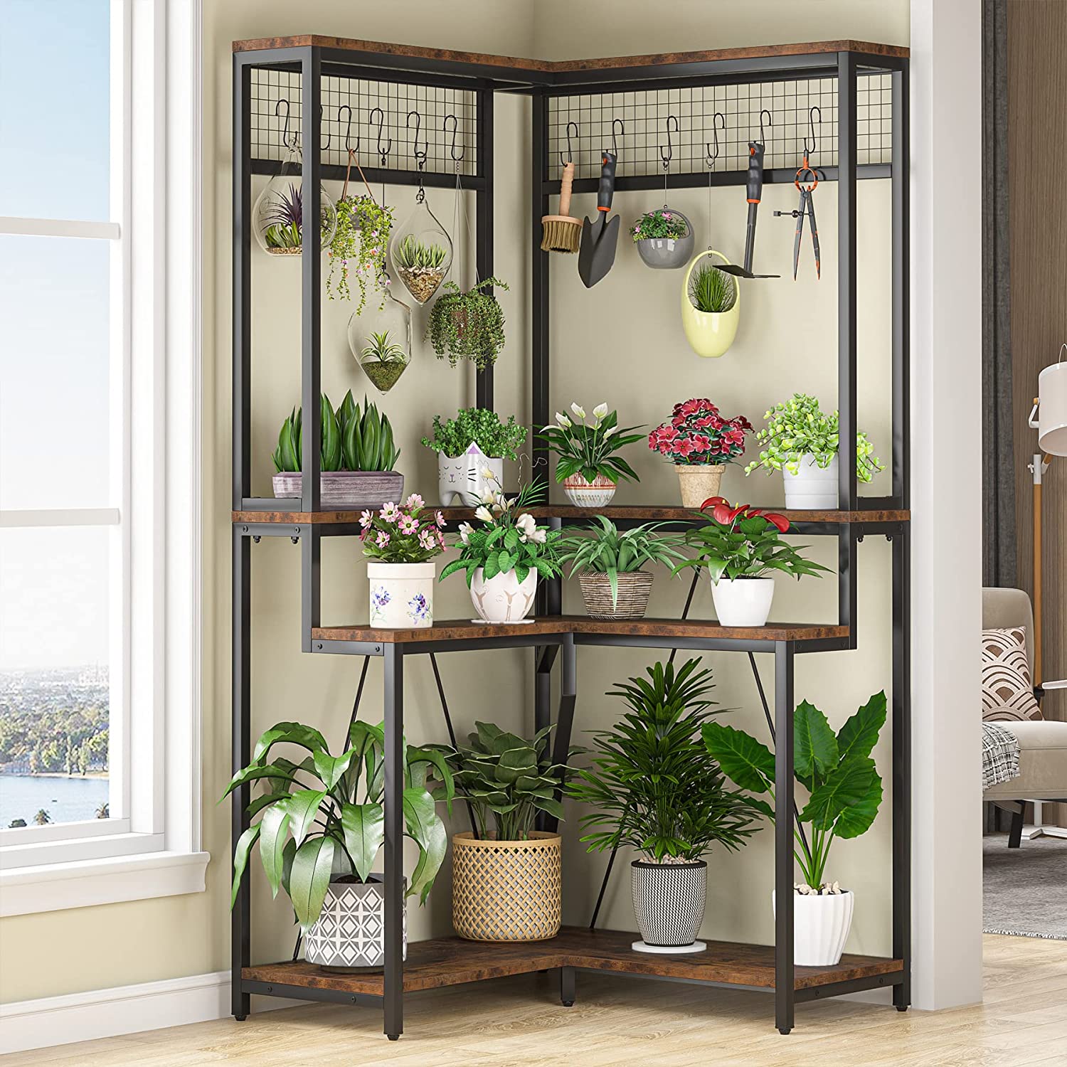 Corner Plant Stand, 170 cm Tall Flower Shelf with 15 Hanging Hooks