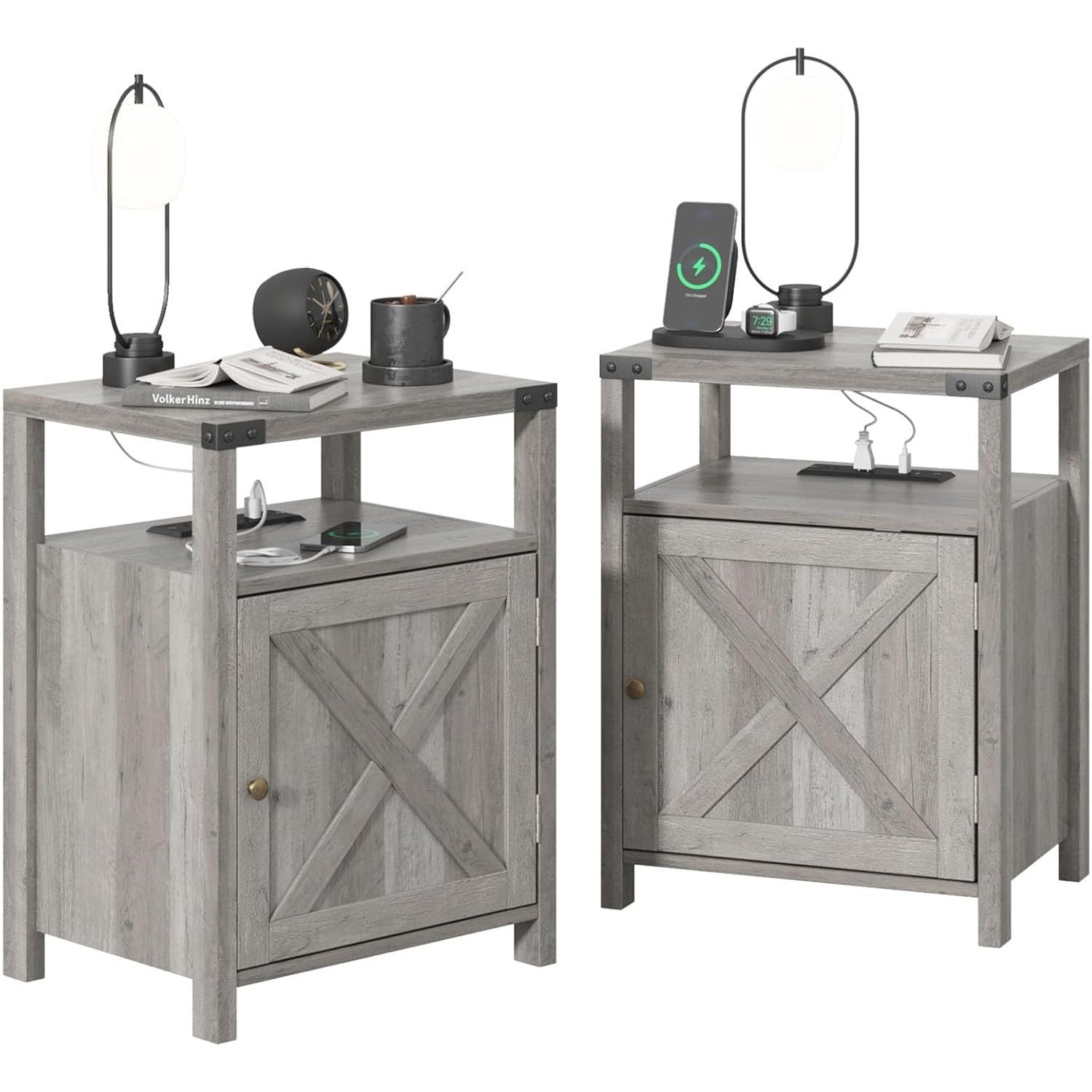 Set of 2 Nightstands, Night Stand with Charging Station, Bedside Table with Storage Cabinet, Farmhouse End Table for Living Room with USB Ports and Outlets, Gray