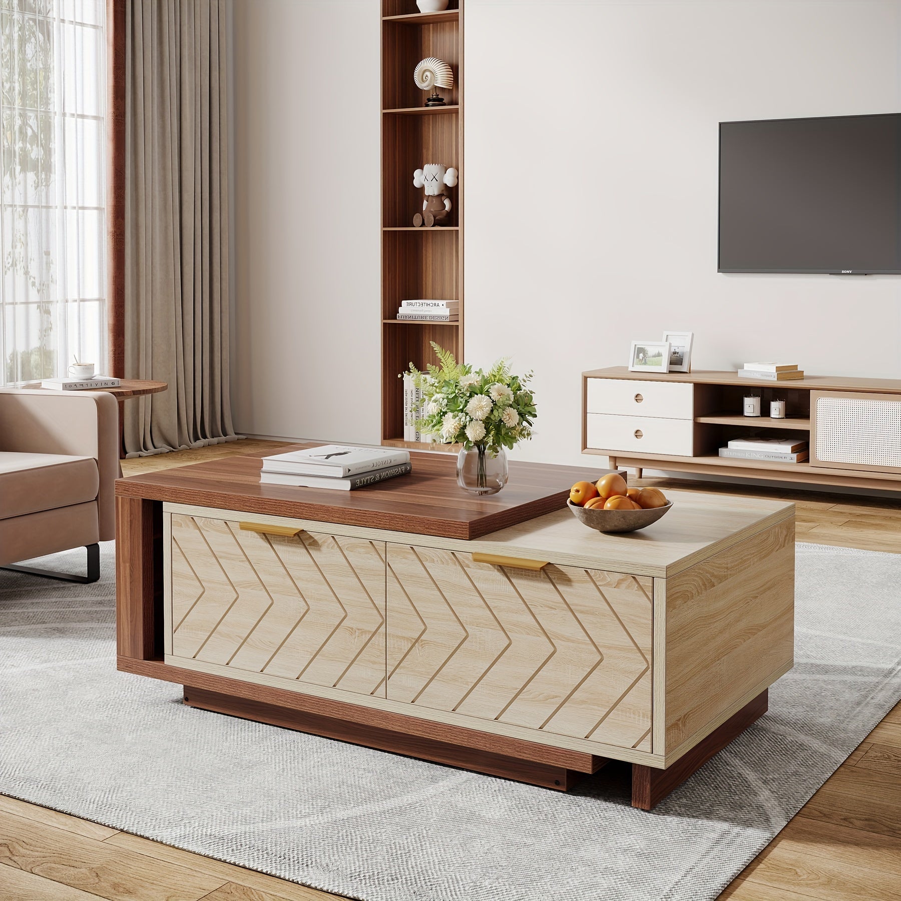 Expandable Wooden Coffee Table With Dual Storage Drawers, Featuring Dual-Tone Centerpiece & Sliding Tabletop, Versatile Hidden Compartment Rectangle Cocktail Table Ideal For Living Spaces