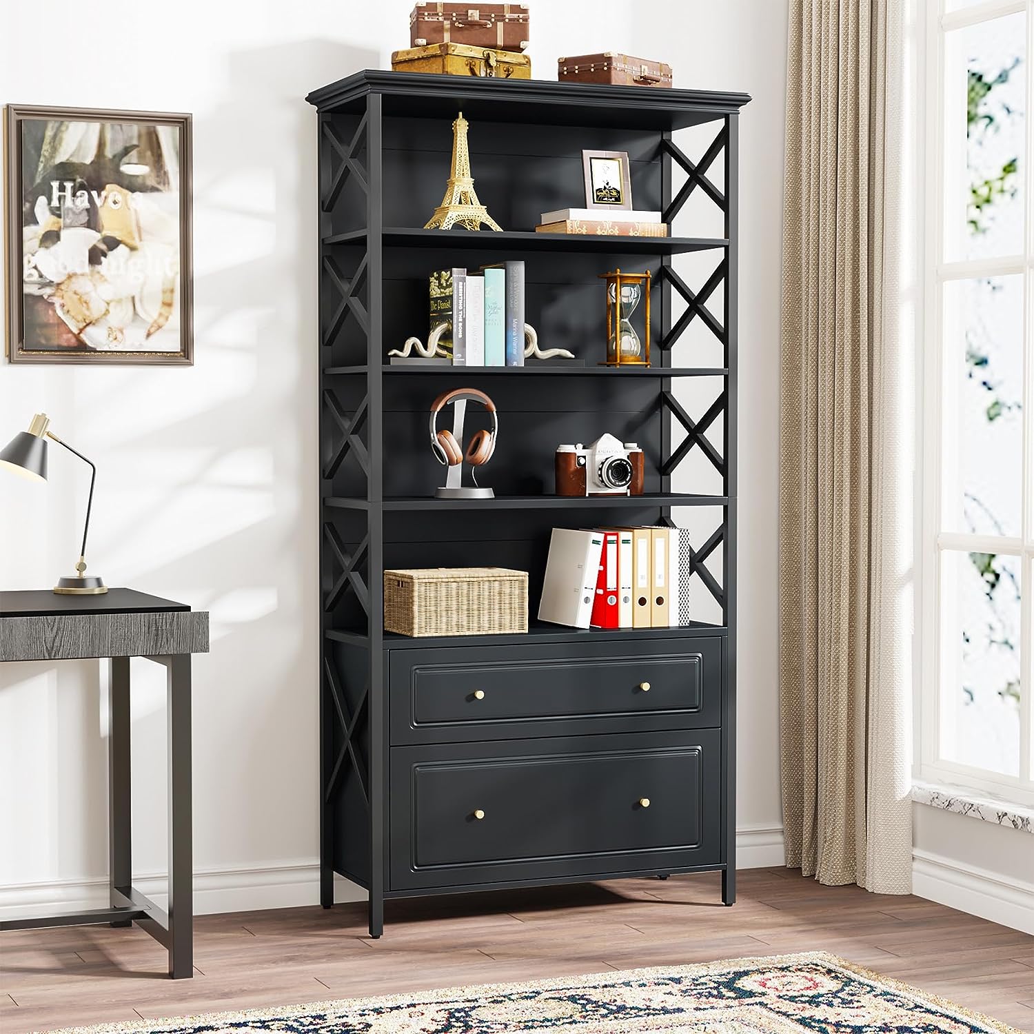 5-Tier Bookshelf, Industrial Bookcase Display Shelf with 2 Drawers (Converted to cm)