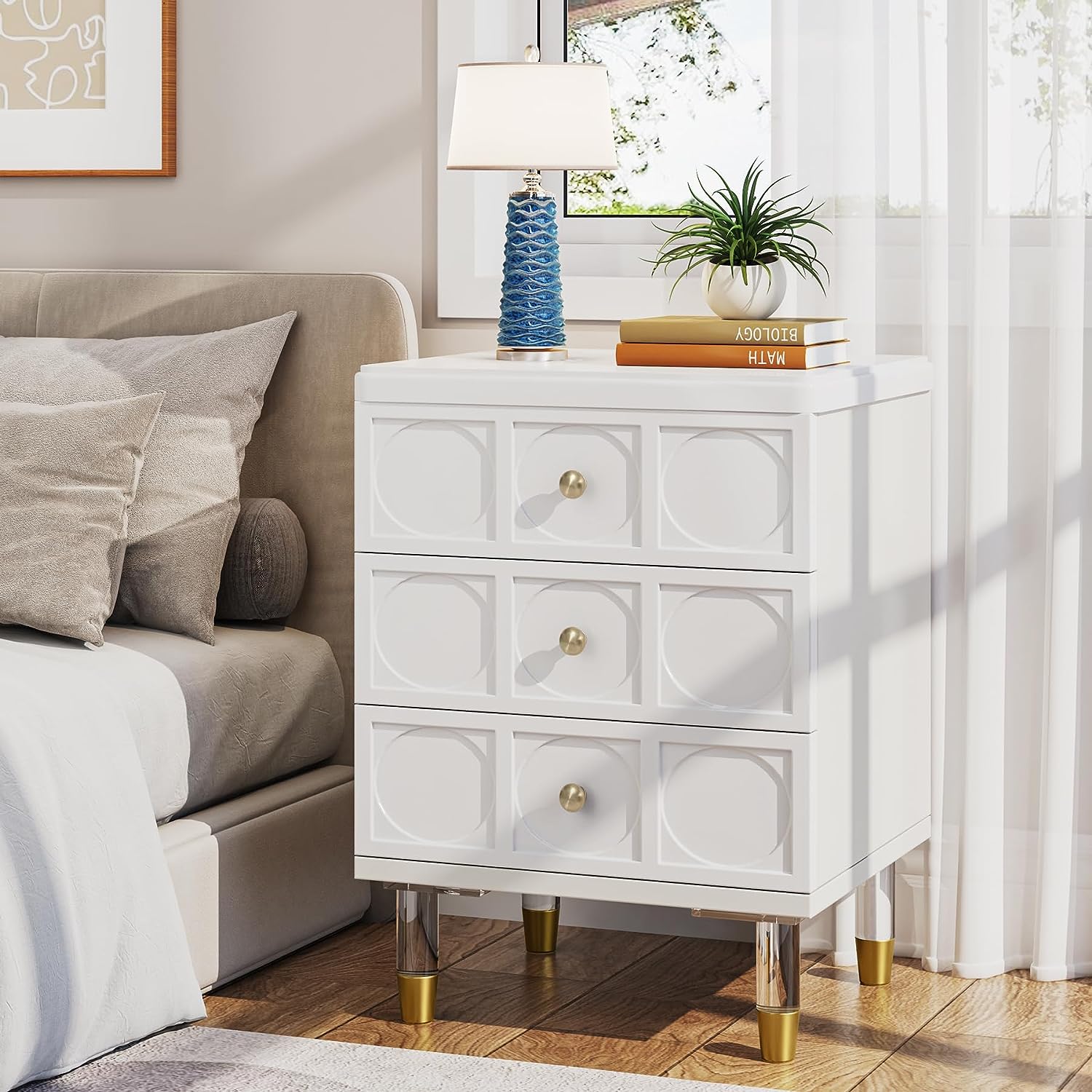 3-Drawer Nightstand Bedside Table with Acrylic Metal Legs (Converted to cm)