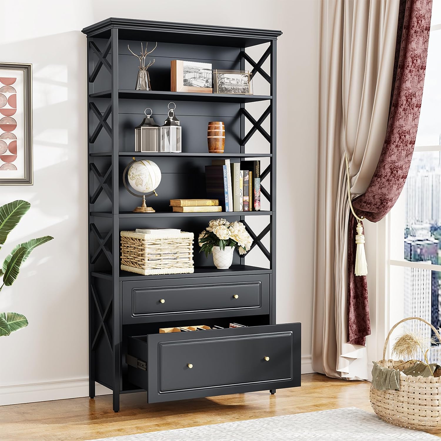 5-Tier Bookshelf, Industrial Bookcase Display Shelf with 2 Drawers (Converted to cm)