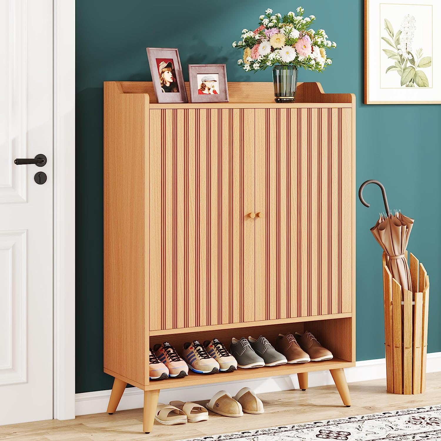 Wooden Shoe Cabinet with Adjustable Shelves and Open Shelf (cm)